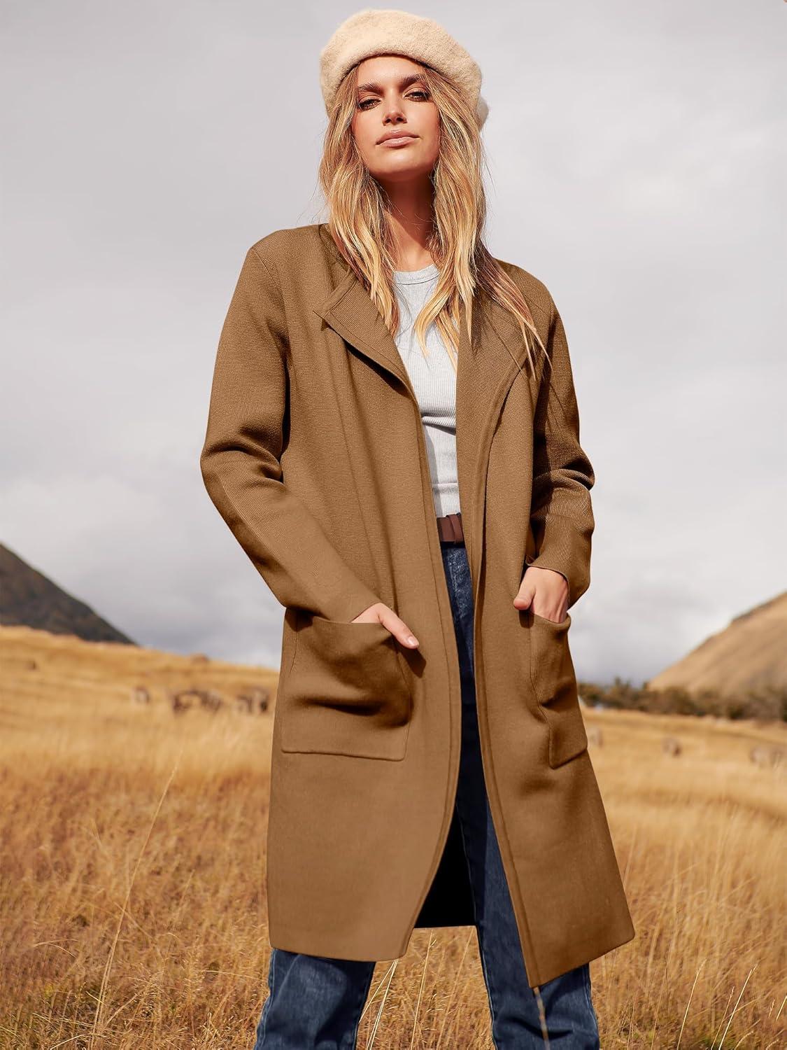 imageANRABESS Womens Cardigan Sweater Open Front Knit Long Coatigan Dressy Casual Jacket Coat 2025 Fall Outfits Classy ClothesCaramel