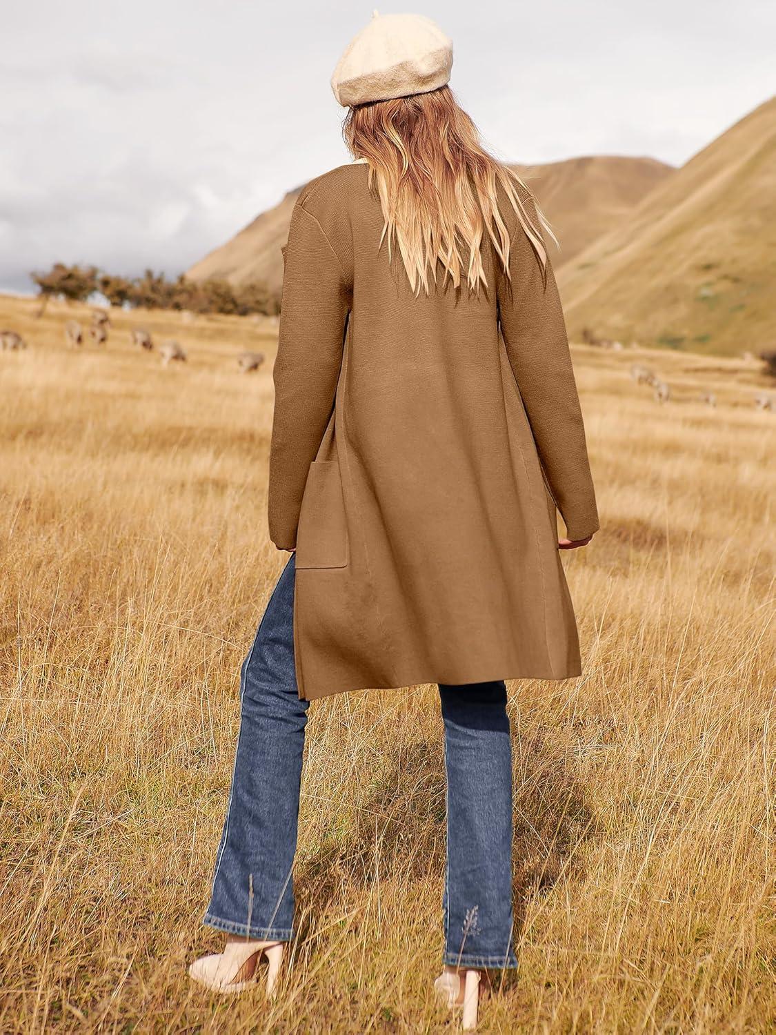 imageANRABESS Womens Cardigan Sweater Open Front Knit Long Coatigan Dressy Casual Jacket Coat 2025 Fall Outfits Classy ClothesCaramel