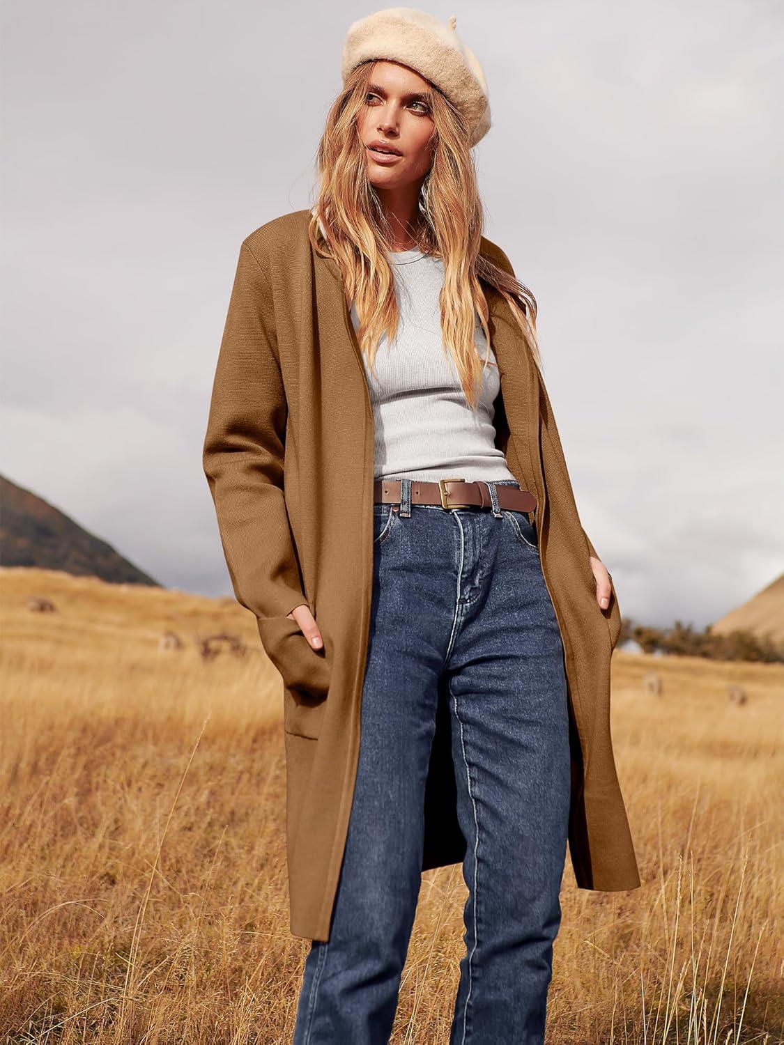 imageANRABESS Womens Cardigan Sweater Open Front Knit Long Coatigan Dressy Casual Jacket Coat 2025 Fall Outfits Classy ClothesCaramel