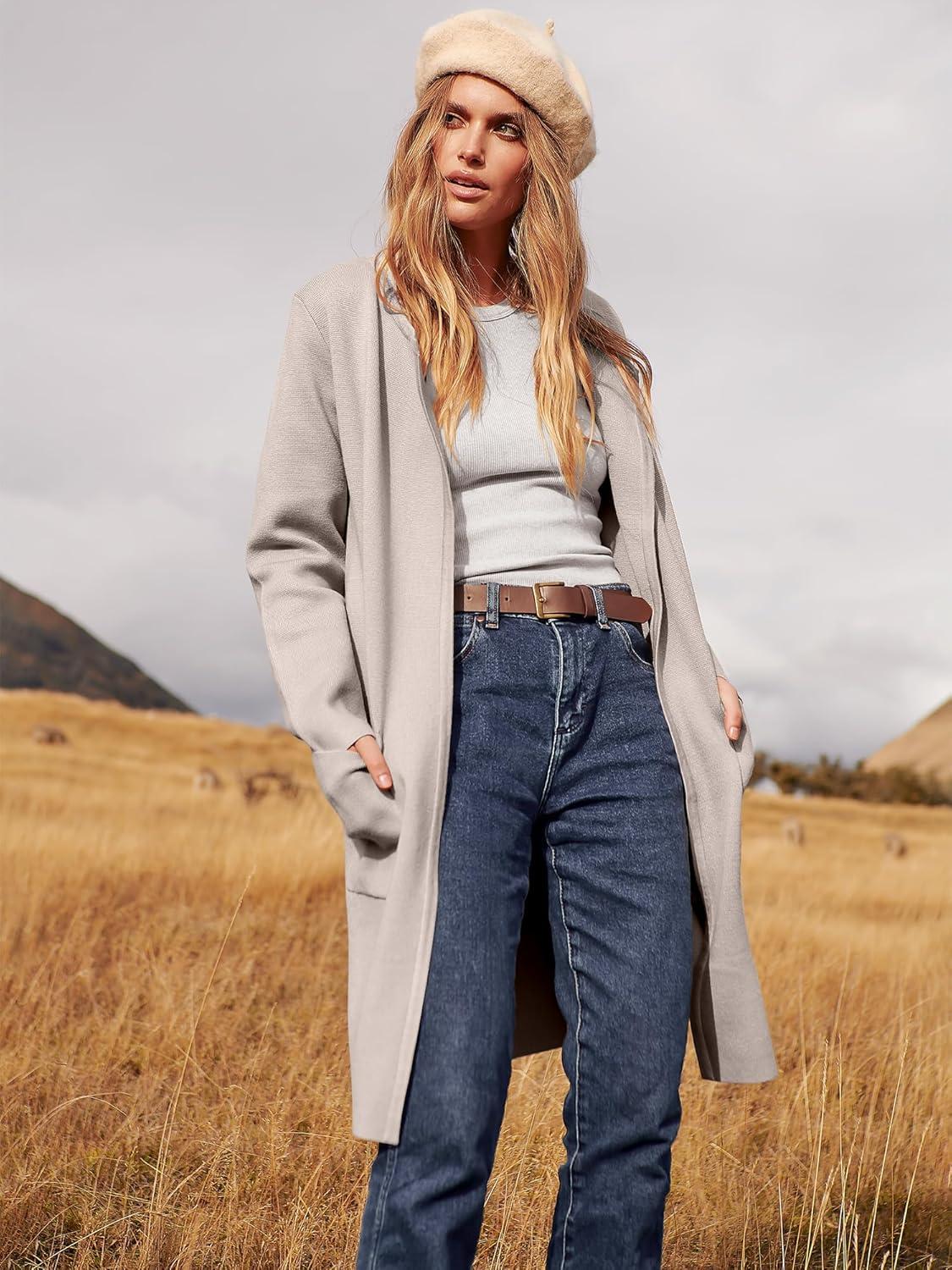 imageANRABESS Womens Cardigan Sweater Open Front Knit Long Coatigan Dressy Casual Jacket Coat 2025 Fall Outfits Classy ClothesGray Apricort