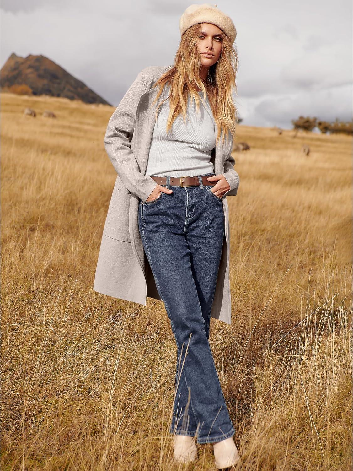 imageANRABESS Womens Cardigan Sweater Open Front Knit Long Coatigan Dressy Casual Jacket Coat 2025 Fall Outfits Classy ClothesGray Apricort