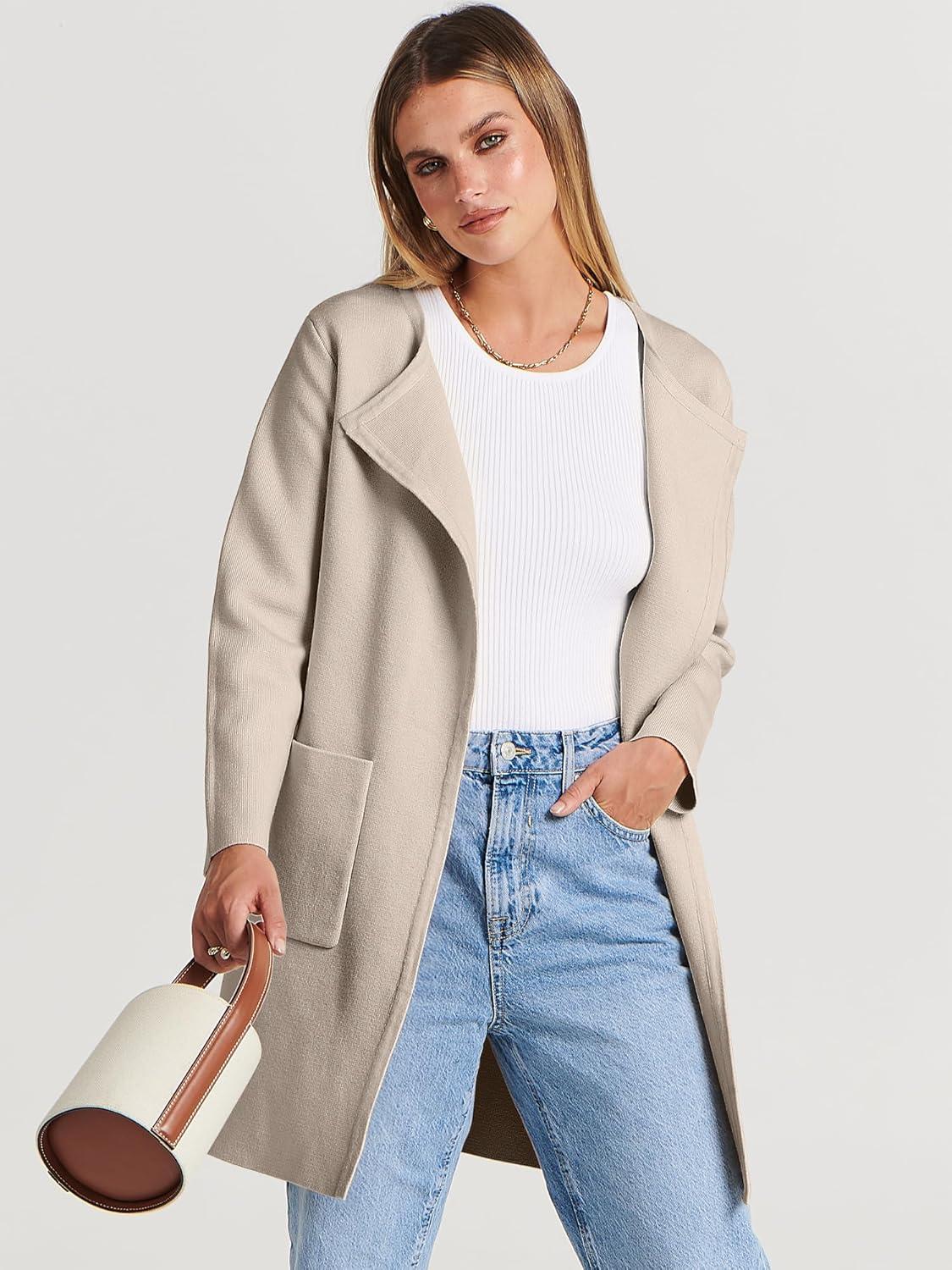 imageANRABESS Womens Cardigan Sweater Open Front Knit Long Coatigan Dressy Casual Jacket Coat 2025 Fall Outfits Classy ClothesLight Khaki