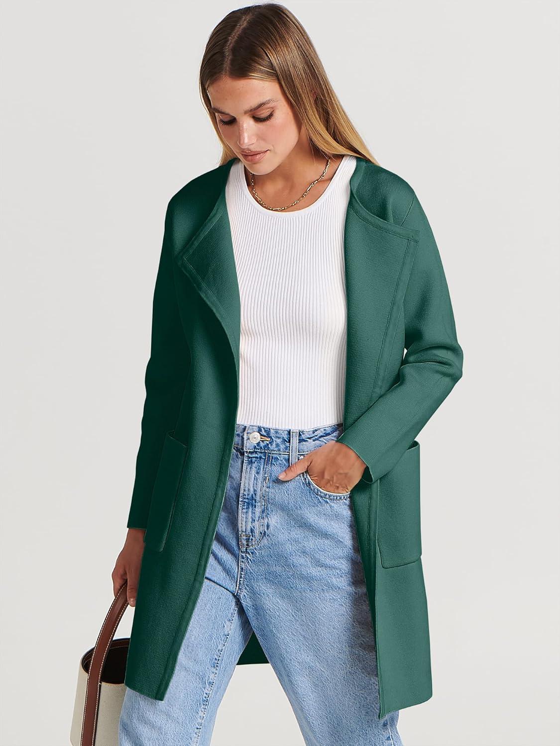 imageANRABESS Womens Cardigan Sweater Open Front Knit Long Coatigan Dressy Casual Jacket Coat 2025 Fall Outfits Classy ClothesOpal Green