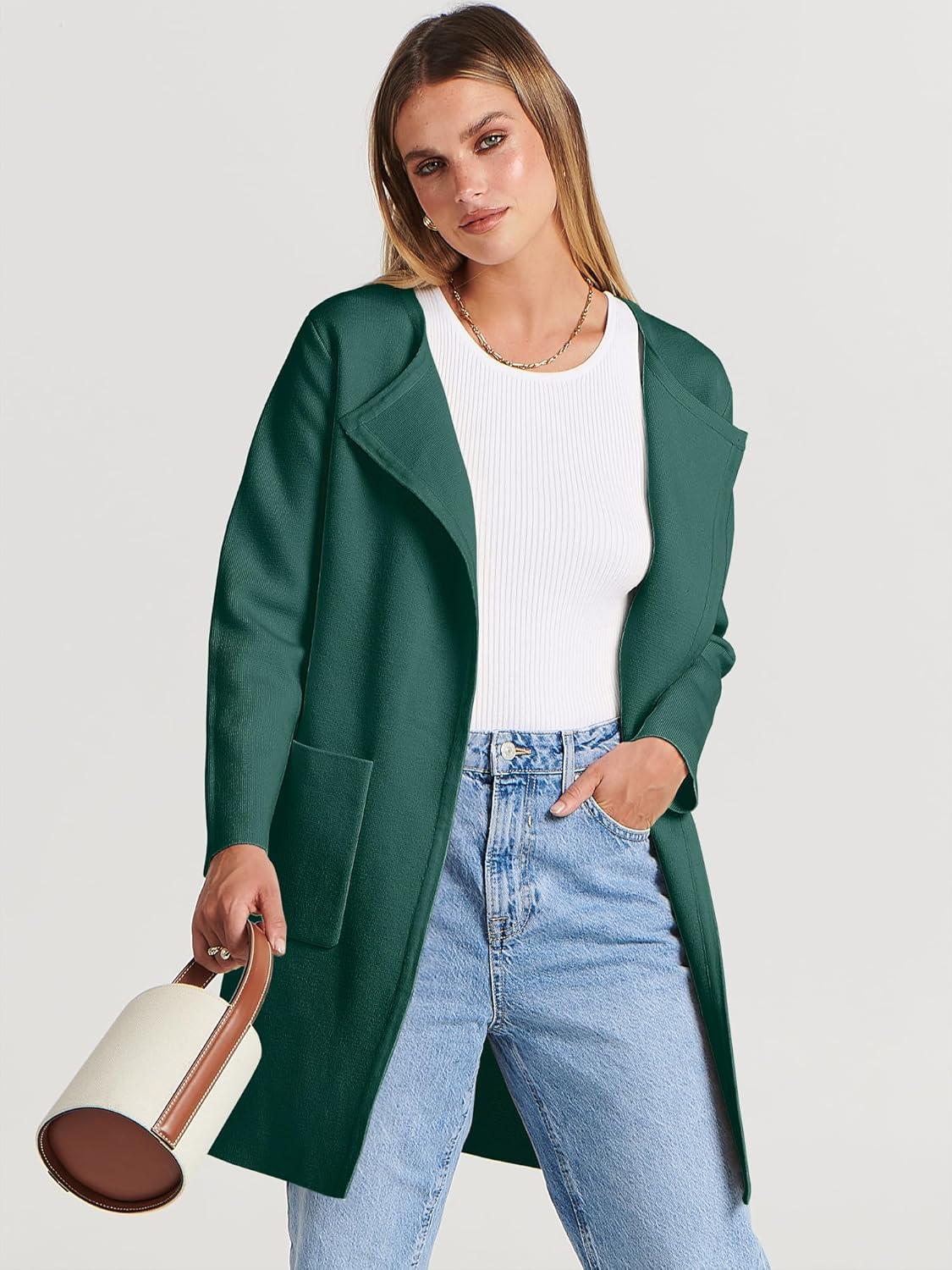 imageANRABESS Womens Cardigan Sweater Open Front Knit Long Coatigan Dressy Casual Jacket Coat 2025 Fall Outfits Classy ClothesOpal Green