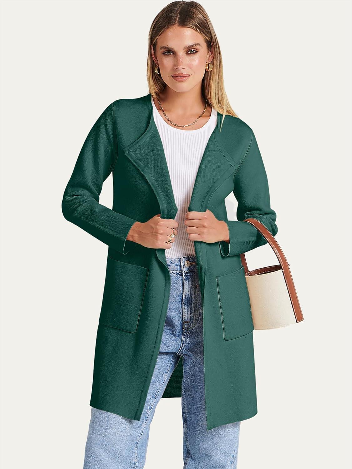 imageANRABESS Womens Cardigan Sweater Open Front Knit Long Coatigan Dressy Casual Jacket Coat 2025 Fall Outfits Classy ClothesOpal Green