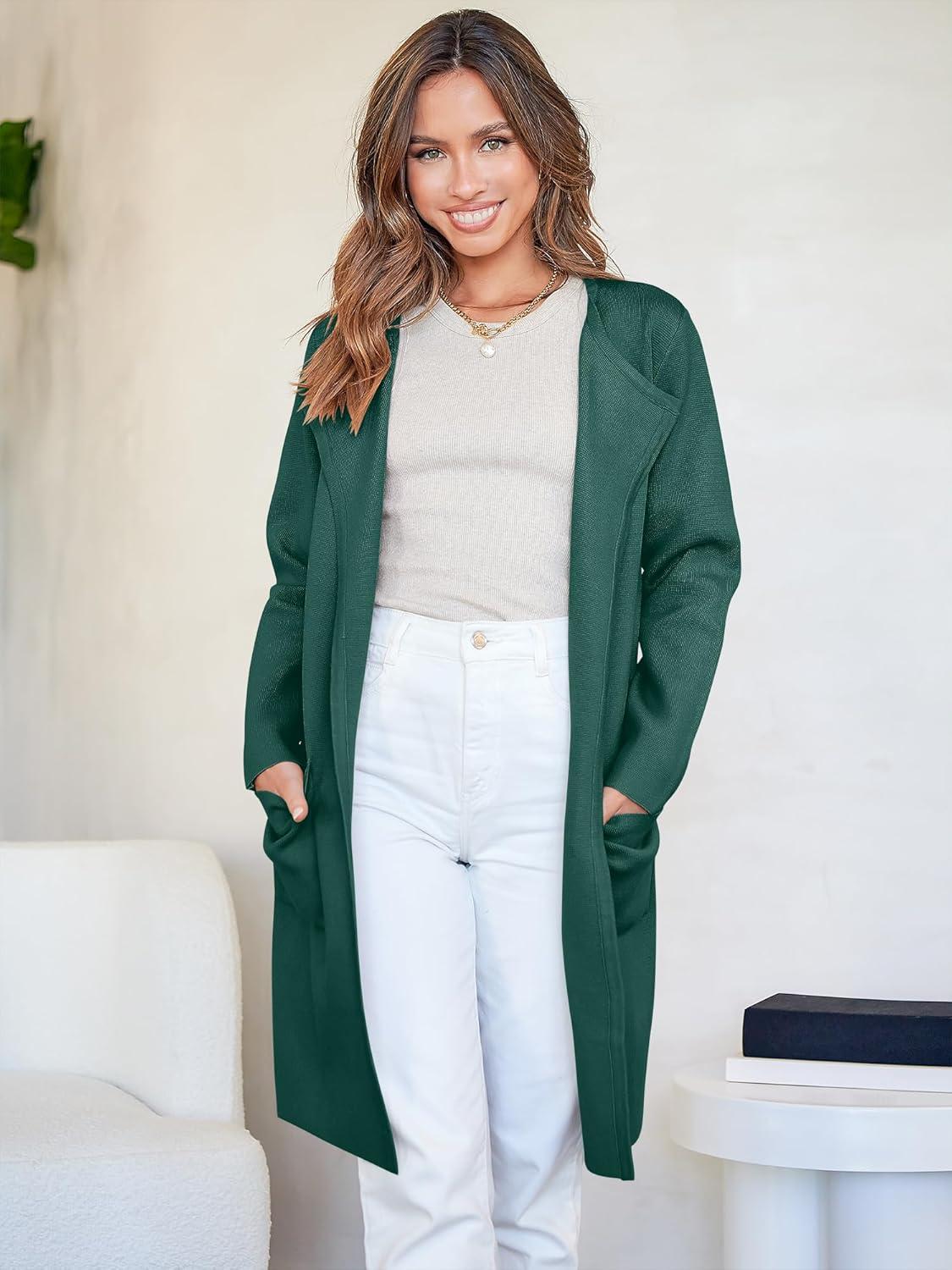 imageANRABESS Womens Cardigan Sweater Open Front Knit Long Coatigan Dressy Casual Jacket Coat 2025 Fall Outfits Classy ClothesOpal Green