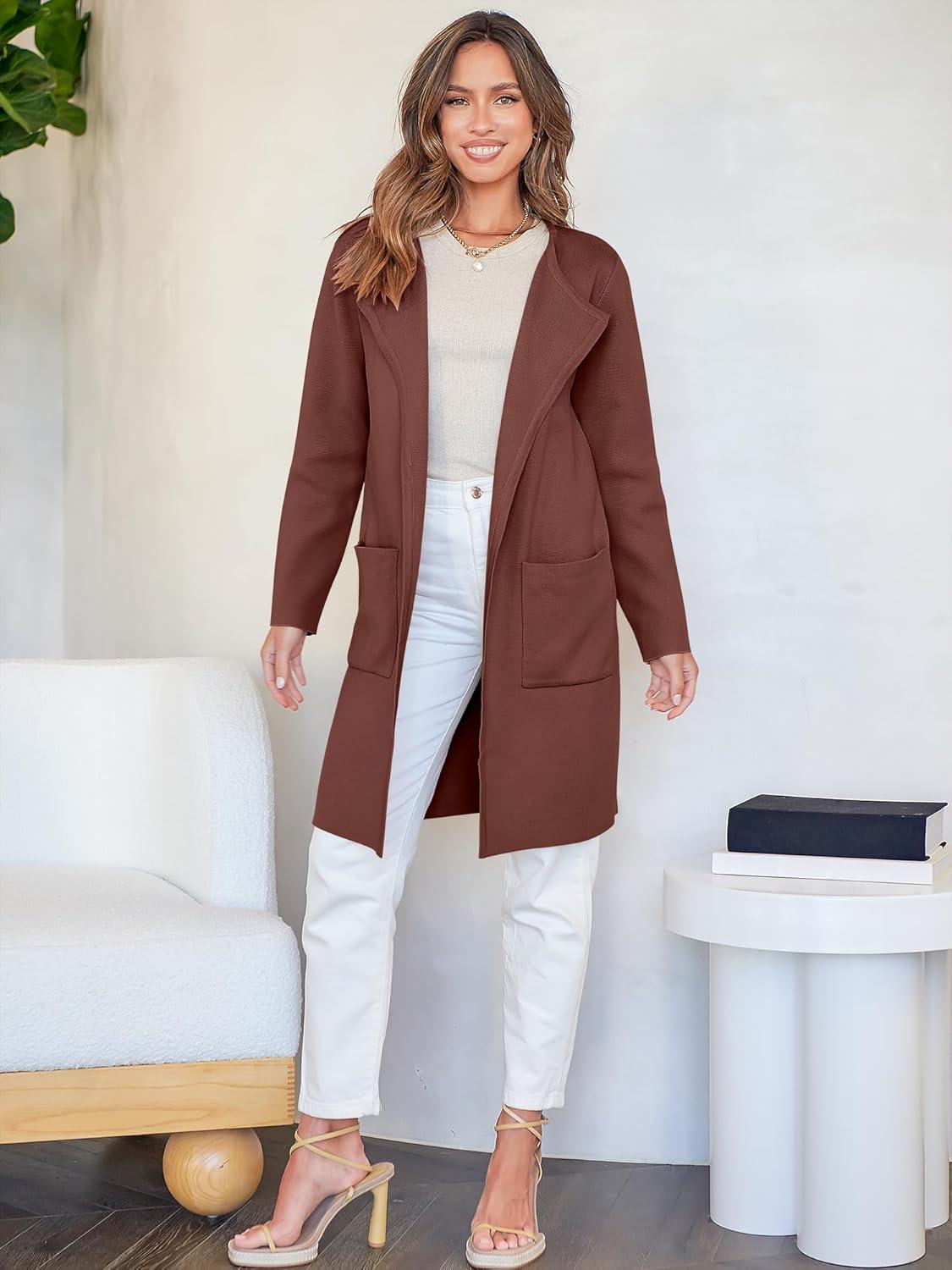imageANRABESS Womens Cardigan Sweater Open Front Knit Long Coatigan Dressy Casual Jacket Coat 2025 Fall Outfits Classy ClothesRed Brown
