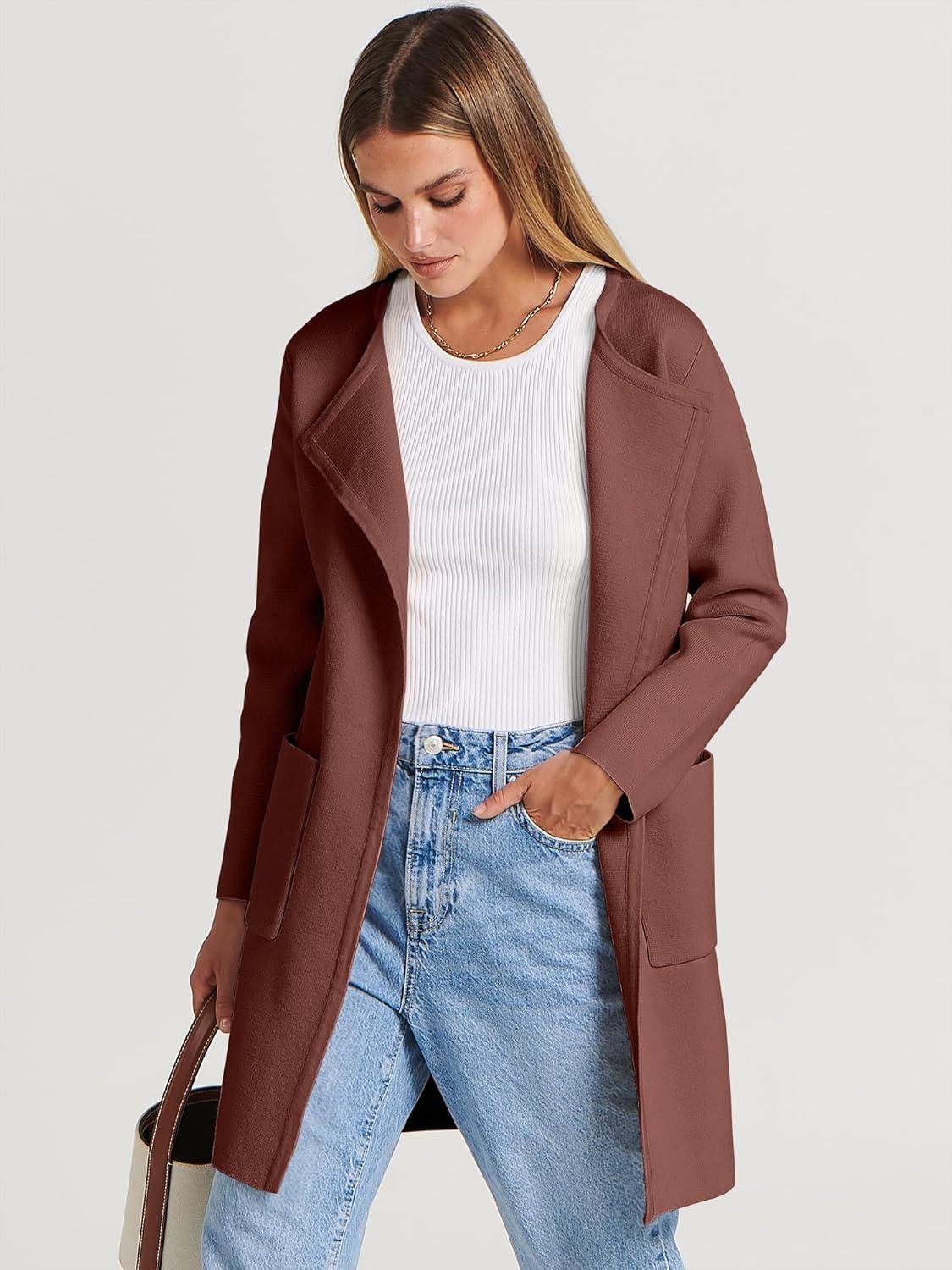 imageANRABESS Womens Cardigan Sweater Open Front Knit Long Coatigan Dressy Casual Jacket Coat 2025 Fall Outfits Classy ClothesRed Brown