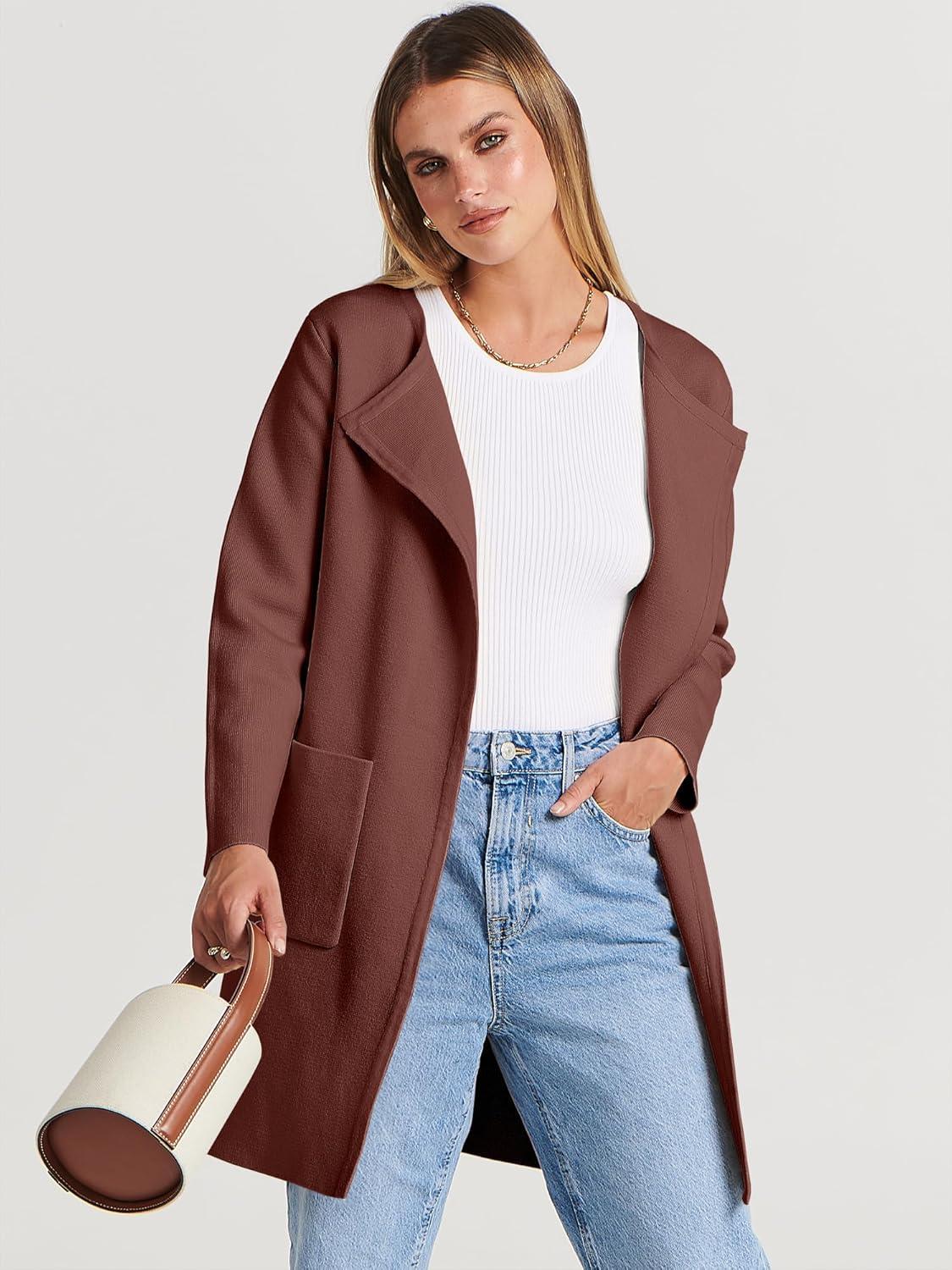 imageANRABESS Womens Cardigan Sweater Open Front Knit Long Coatigan Dressy Casual Jacket Coat 2025 Fall Outfits Classy ClothesRed Brown