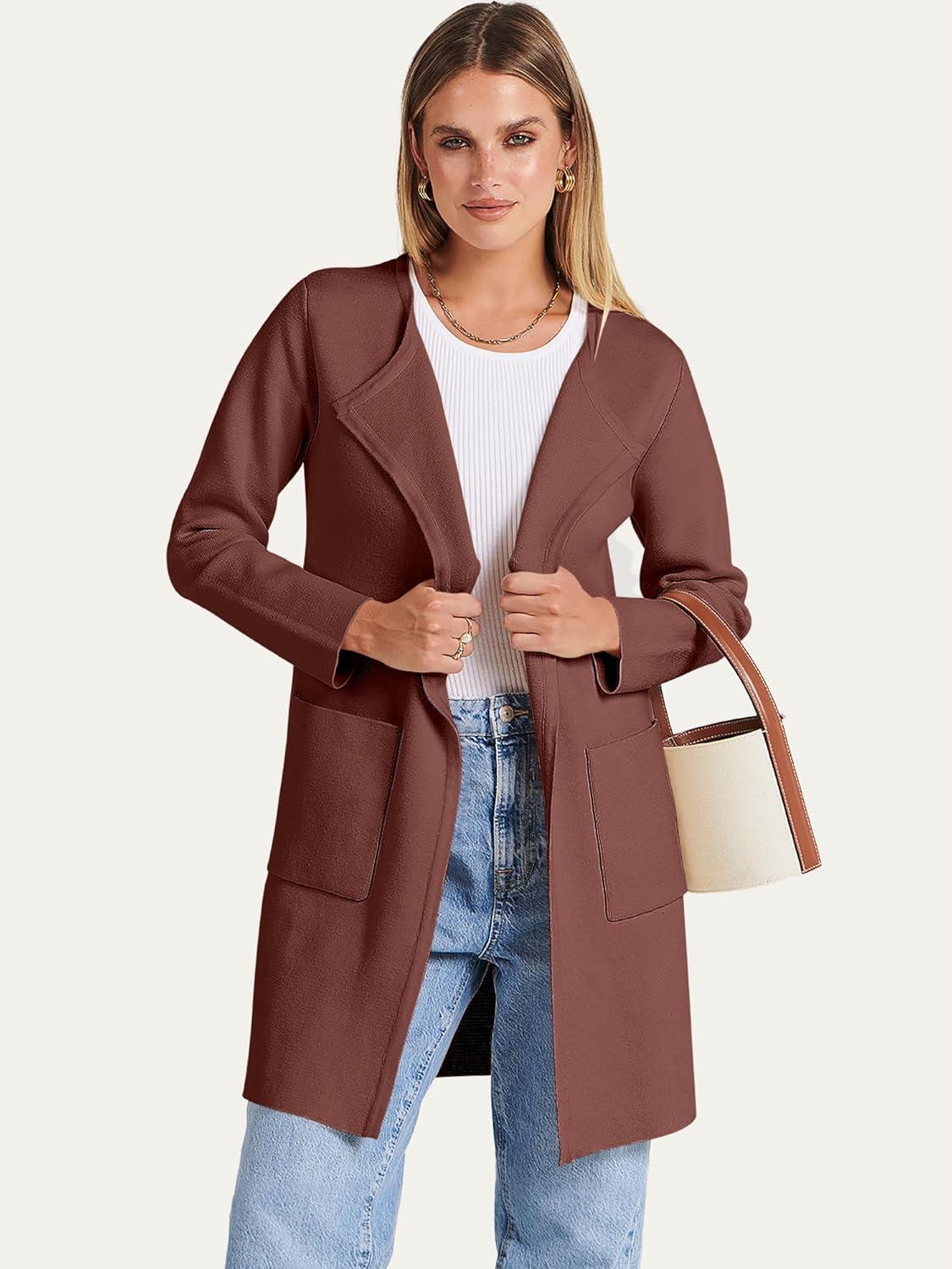 imageANRABESS Womens Cardigan Sweater Open Front Knit Long Coatigan Dressy Casual Jacket Coat 2025 Fall Outfits Classy ClothesRed Brown