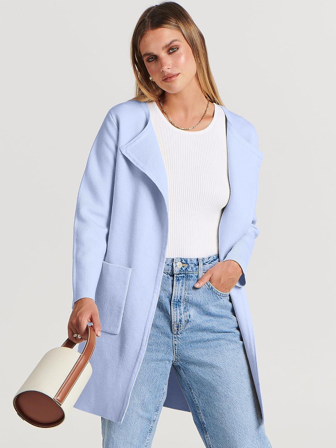 imageANRABESS Womens Cardigan Sweater Open Front Knit Long Coatigan Dressy Casual Jacket Coat 2025 Fall Outfits Classy ClothesSky Blue