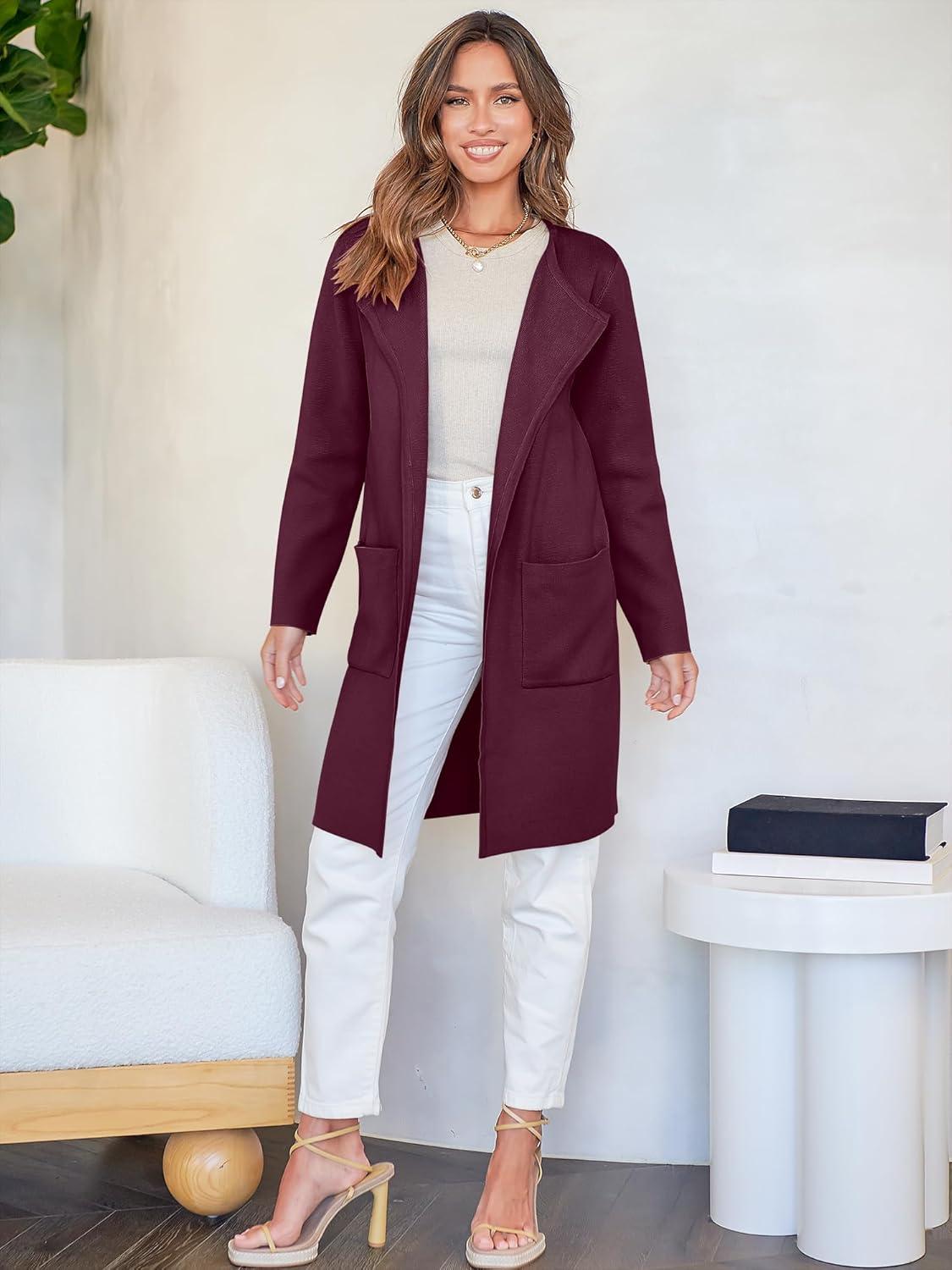 imageANRABESS Womens Cardigan Sweater Open Front Knit Long Coatigan Dressy Casual Jacket Coat 2025 Fall Outfits Classy ClothesWine Red