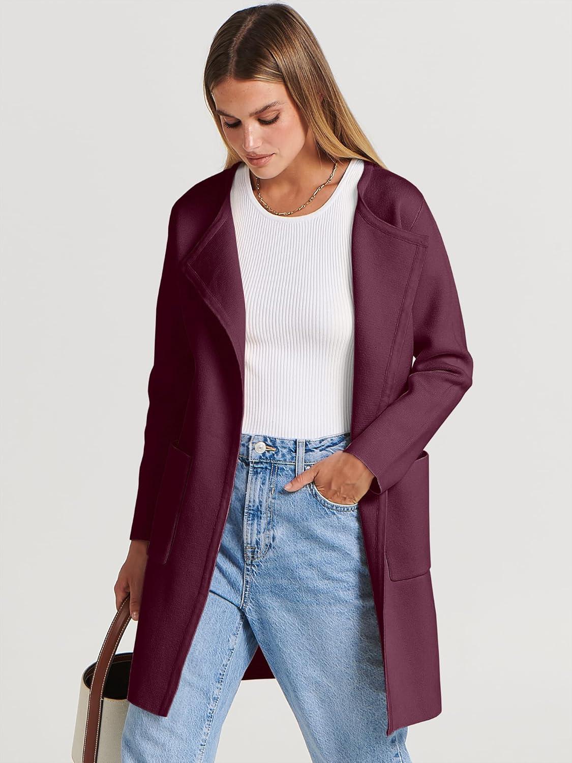 imageANRABESS Womens Cardigan Sweater Open Front Knit Long Coatigan Dressy Casual Jacket Coat 2025 Fall Outfits Classy ClothesWine Red