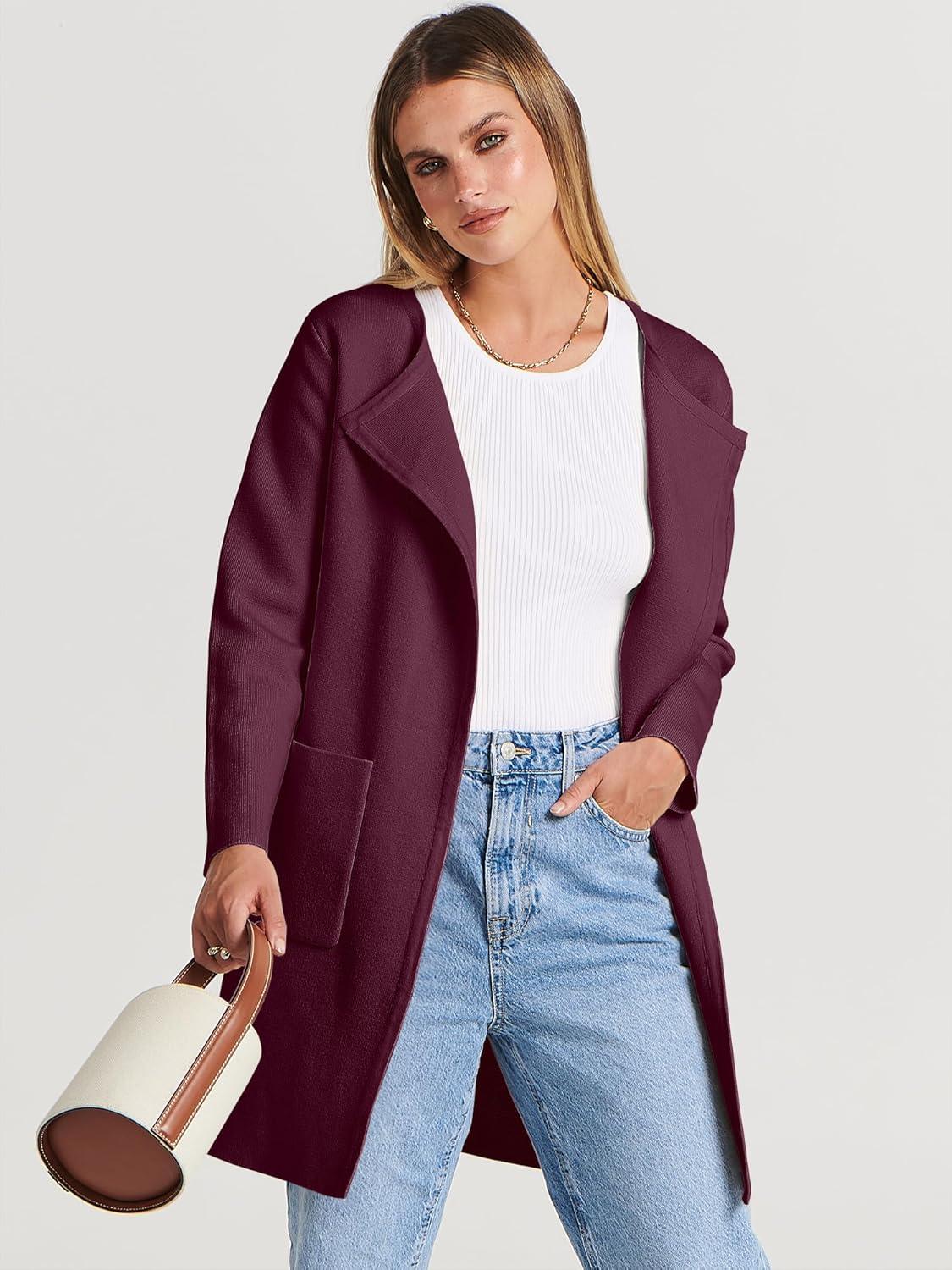 imageANRABESS Womens Cardigan Sweater Open Front Knit Long Coatigan Dressy Casual Jacket Coat 2025 Fall Outfits Classy ClothesWine Red