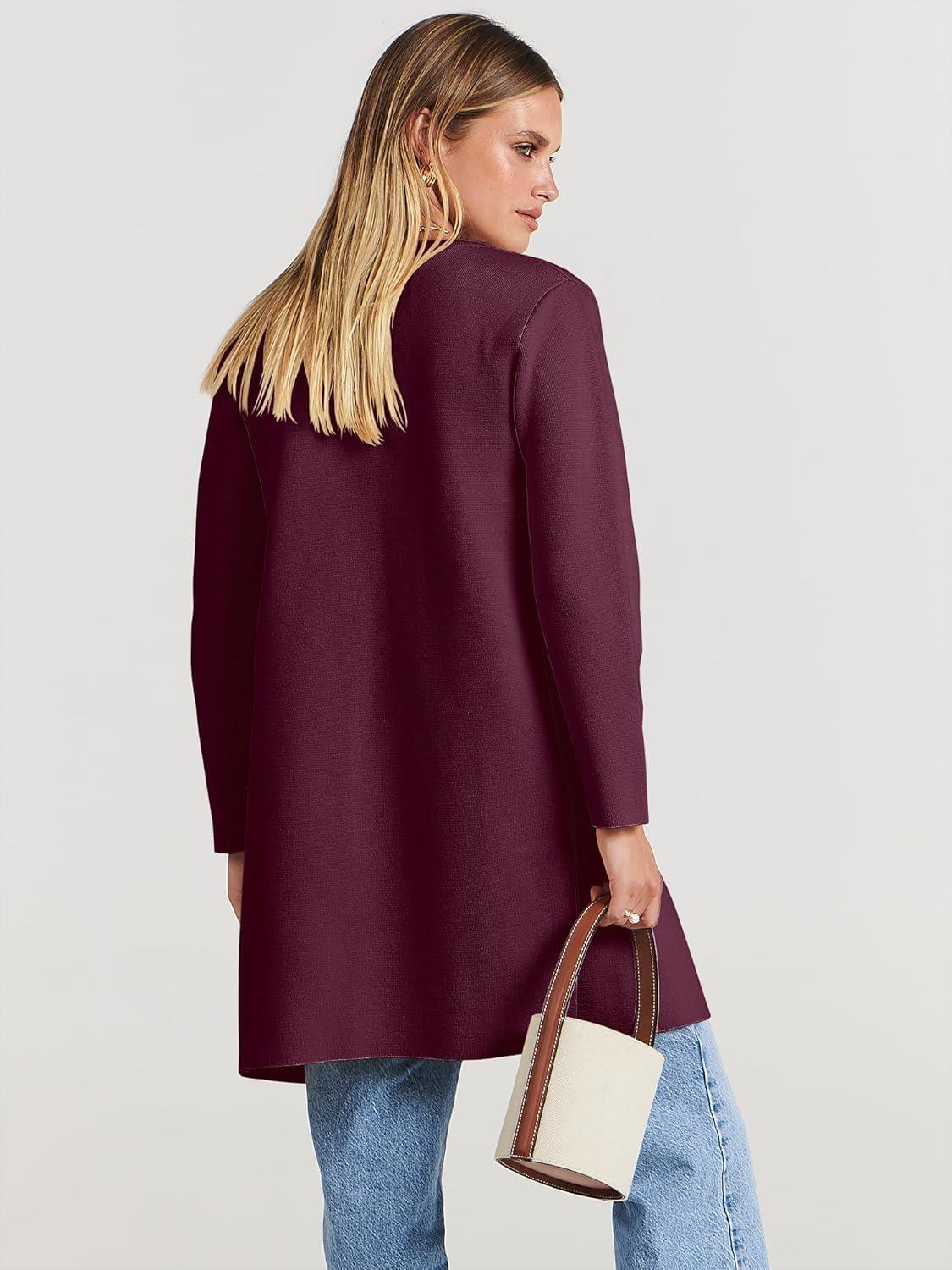 imageANRABESS Womens Cardigan Sweater Open Front Knit Long Coatigan Dressy Casual Jacket Coat 2025 Fall Outfits Classy ClothesWine Red