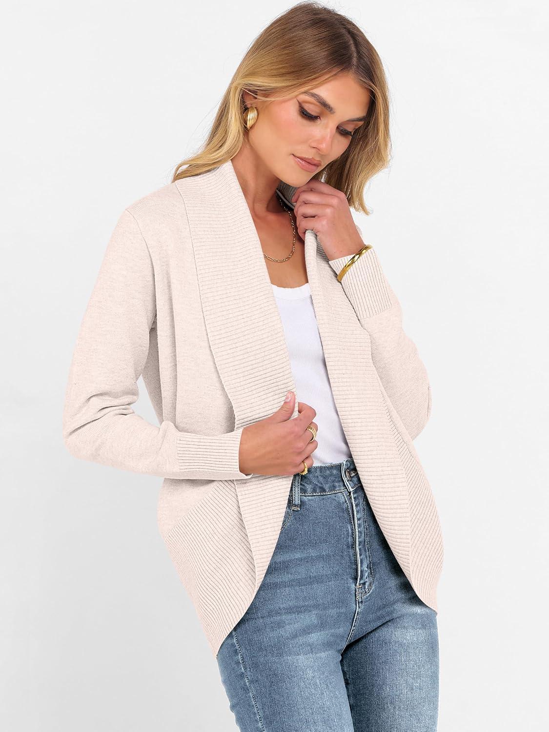 imageANRABESS Womens Cardigan Sweaters Open Front Long Sleeve Shawl Neck Knit Dressy Casual 2025 Trendy Fall Winter Outerwear CoatAlmond