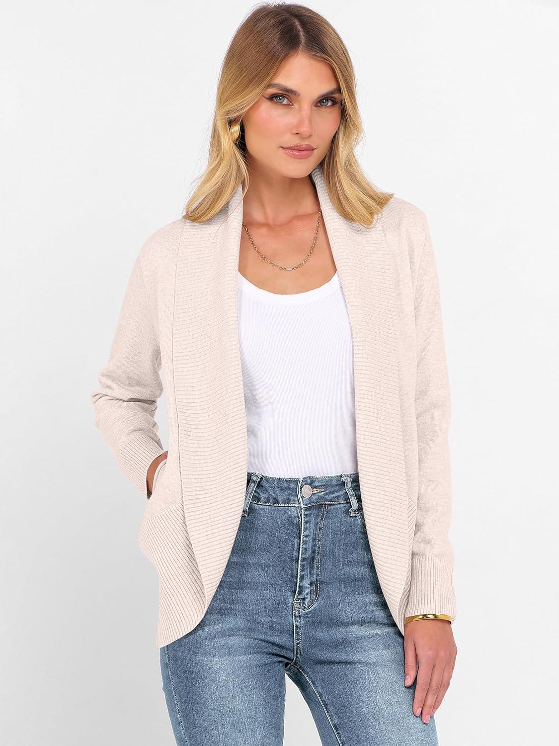 imageANRABESS Womens Cardigan Sweaters Open Front Long Sleeve Shawl Neck Knit Dressy Casual 2025 Trendy Fall Winter Outerwear CoatAlmond