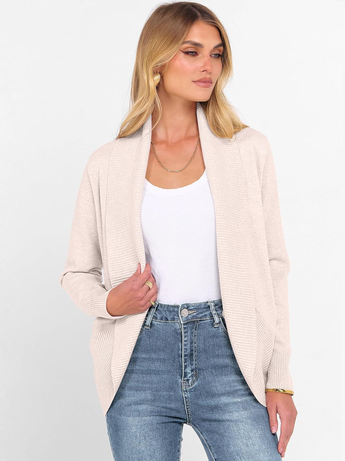 imageANRABESS Womens Cardigan Sweaters Open Front Long Sleeve Shawl Neck Knit Dressy Casual 2025 Trendy Fall Winter Outerwear CoatAlmond