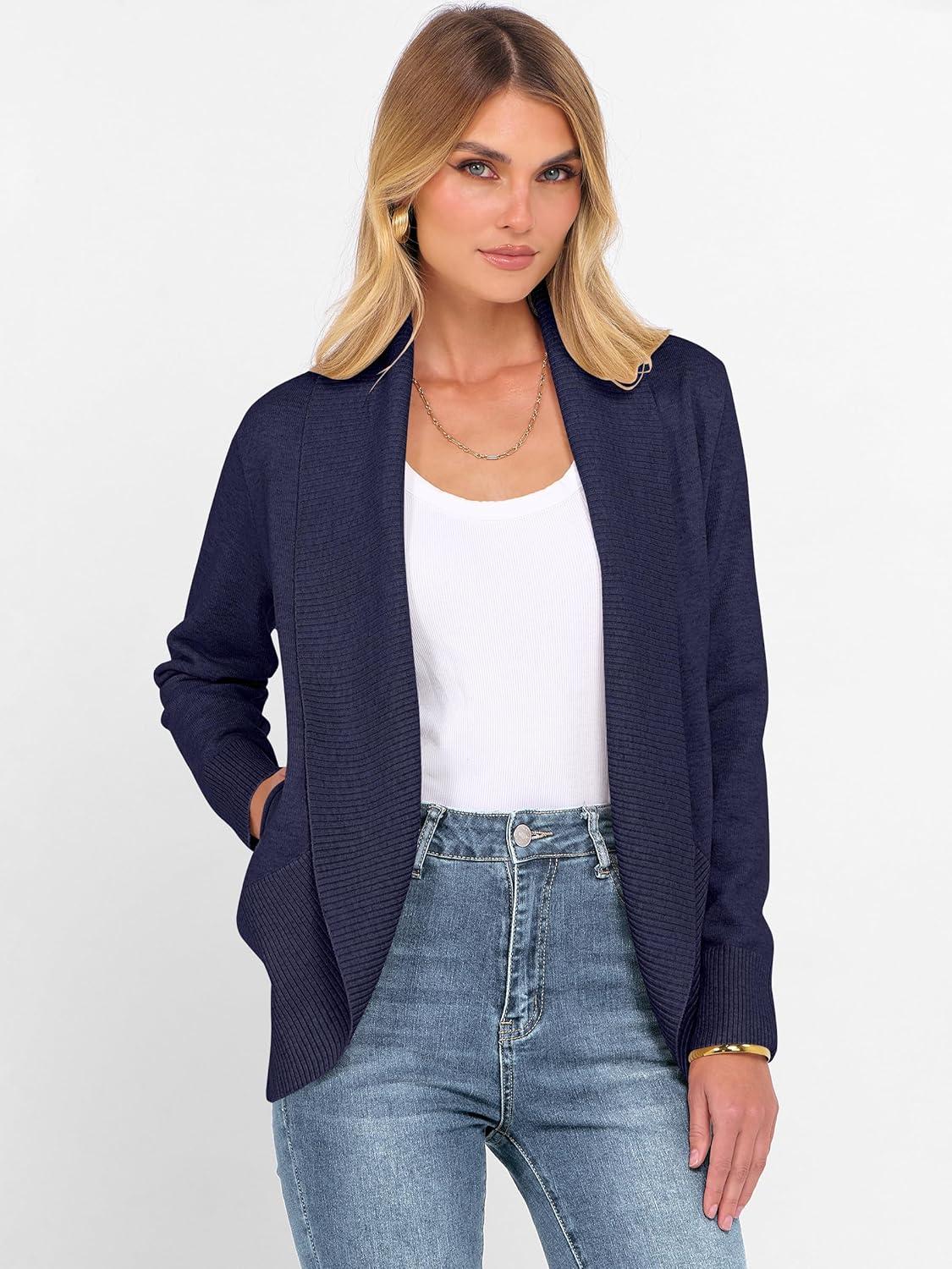 imageANRABESS Womens Cardigan Sweaters Open Front Long Sleeve Shawl Neck Knit Dressy Casual 2025 Trendy Fall Winter Outerwear CoatNavy Blue