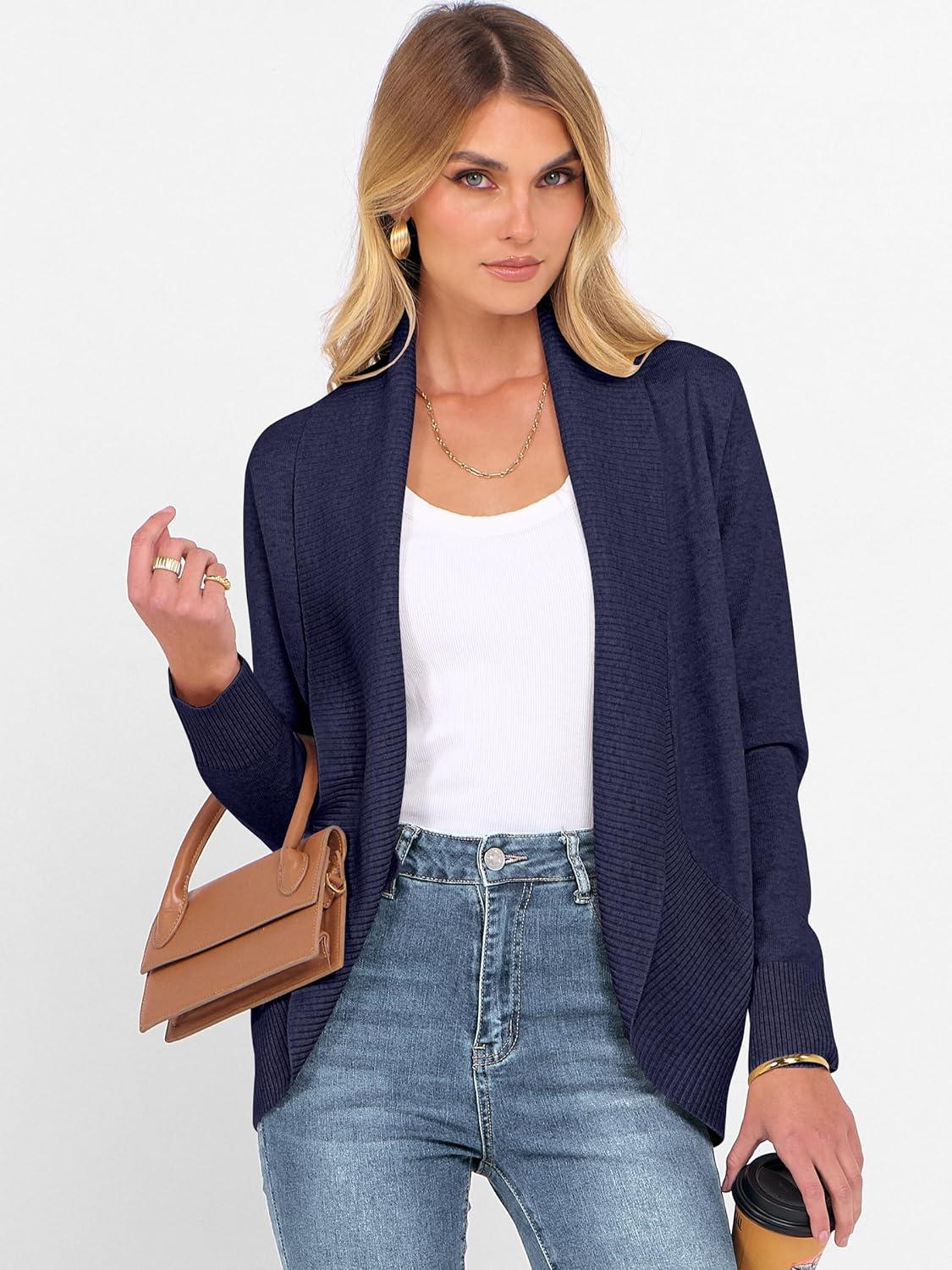 imageANRABESS Womens Cardigan Sweaters Open Front Long Sleeve Shawl Neck Knit Dressy Casual 2025 Trendy Fall Winter Outerwear CoatNavy Blue