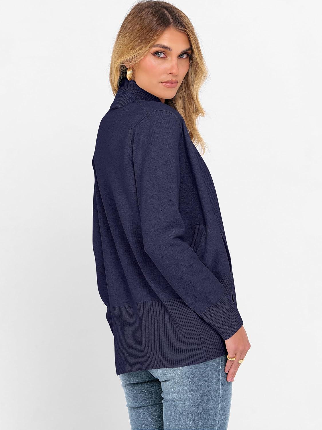 imageANRABESS Womens Cardigan Sweaters Open Front Long Sleeve Shawl Neck Knit Dressy Casual 2025 Trendy Fall Winter Outerwear CoatNavy Blue