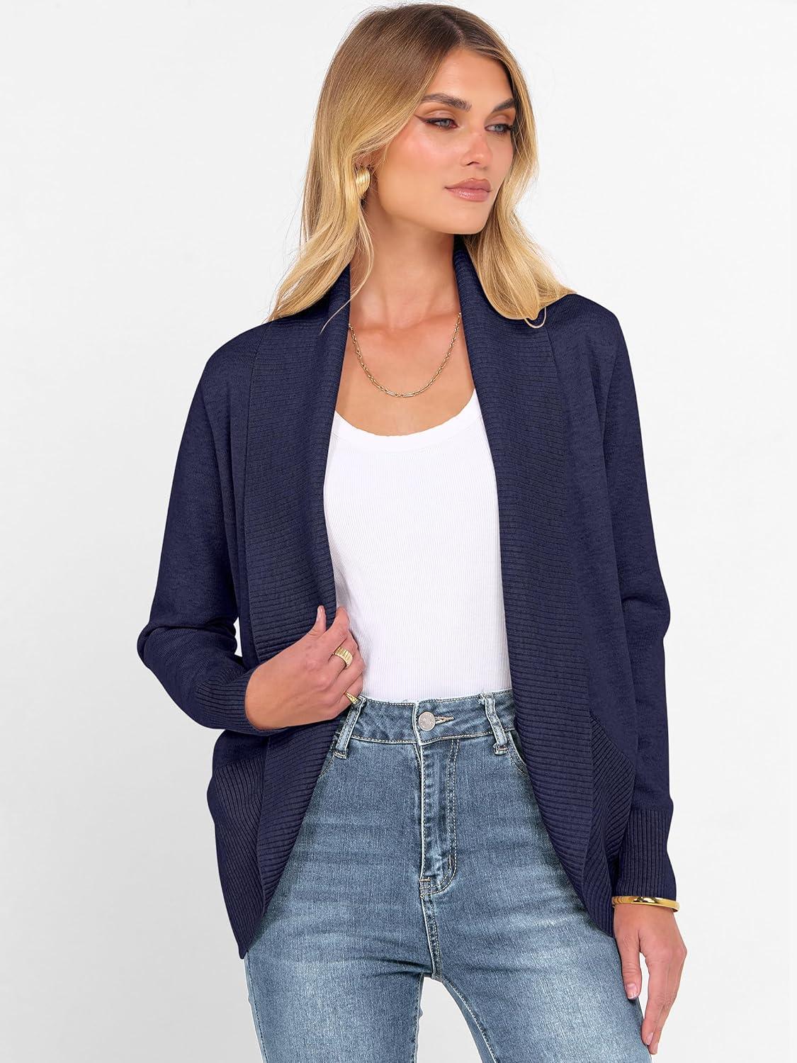imageANRABESS Womens Cardigan Sweaters Open Front Long Sleeve Shawl Neck Knit Dressy Casual 2025 Trendy Fall Winter Outerwear CoatNavy Blue
