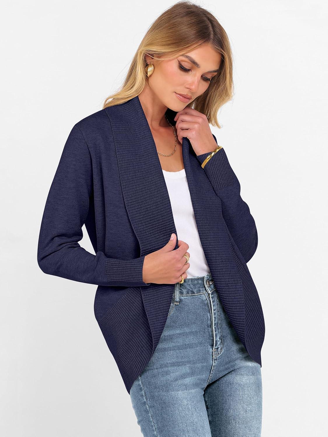 imageANRABESS Womens Cardigan Sweaters Open Front Long Sleeve Shawl Neck Knit Dressy Casual 2025 Trendy Fall Winter Outerwear CoatNavy Blue