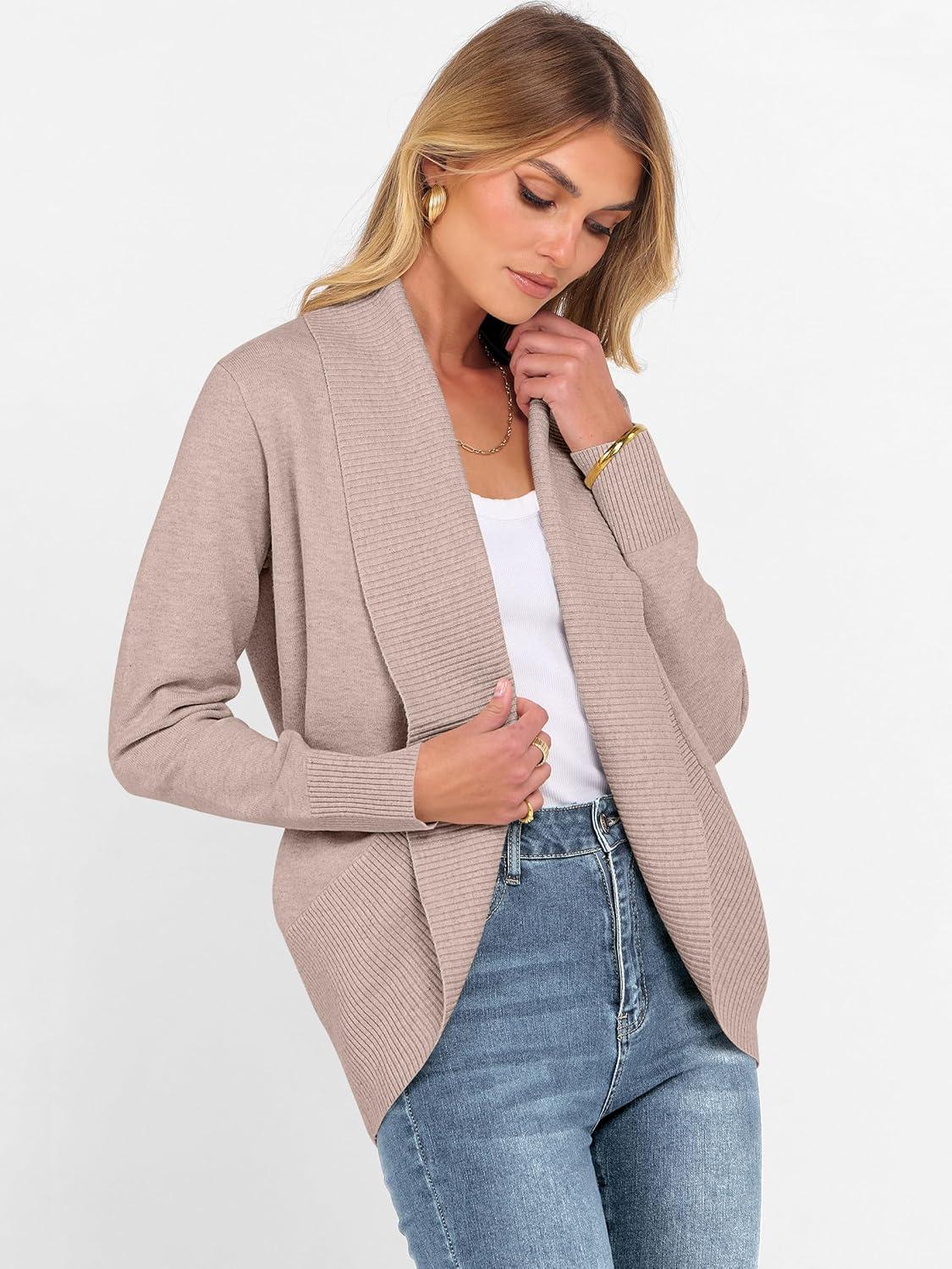 imageANRABESS Womens Cardigan Sweaters Open Front Long Sleeve Shawl Neck Knit Dressy Casual 2025 Trendy Fall Winter Outerwear CoatTan