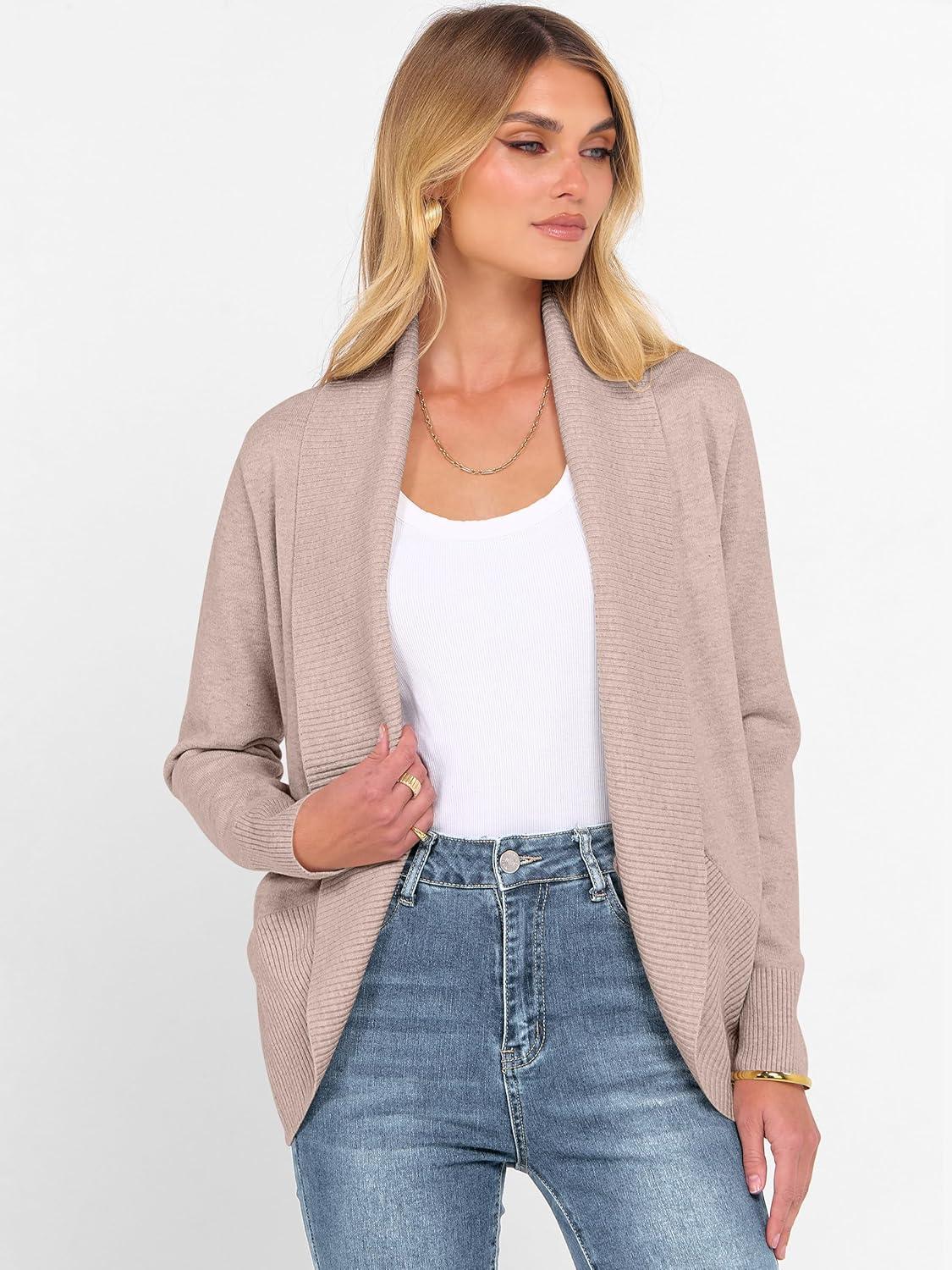 imageANRABESS Womens Cardigan Sweaters Open Front Long Sleeve Shawl Neck Knit Dressy Casual 2025 Trendy Fall Winter Outerwear CoatTan