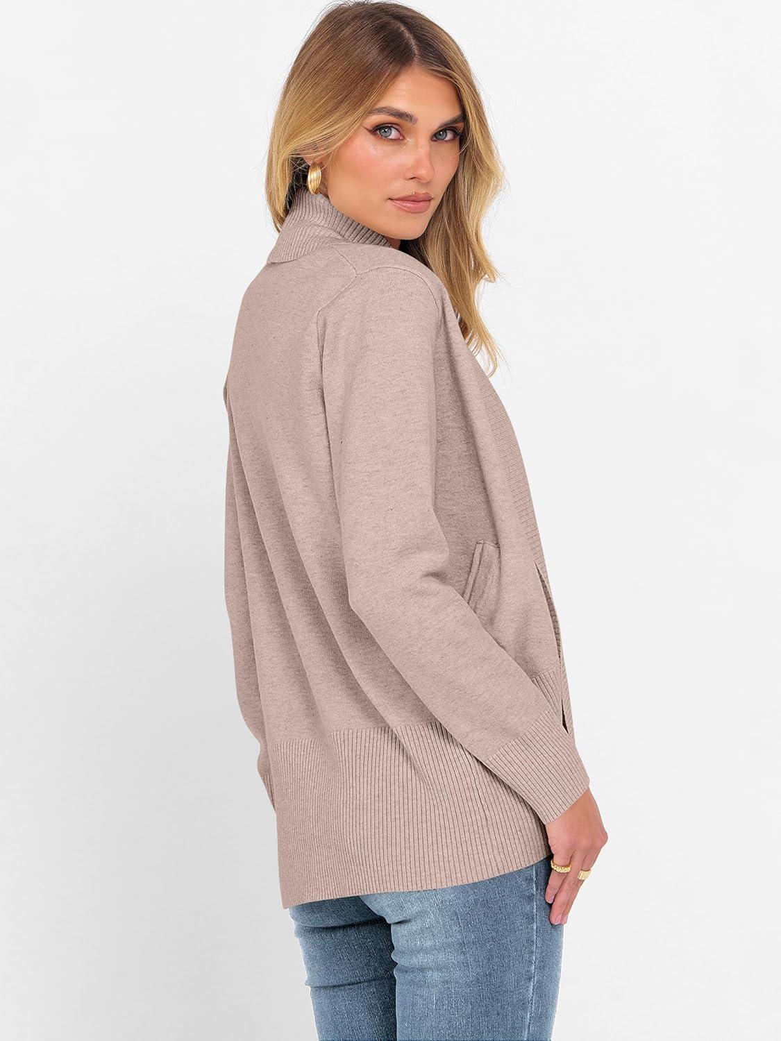 imageANRABESS Womens Cardigan Sweaters Open Front Long Sleeve Shawl Neck Knit Dressy Casual 2025 Trendy Fall Winter Outerwear CoatTan