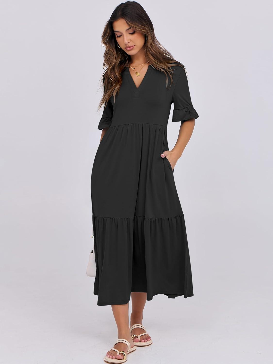 imageANRABESS Womens Casual Summer Ruffle Short Sleeve T Shirts Maxi Dress 2025 Fall V Neck Flowy Tiered Boho Beach DressesBlack