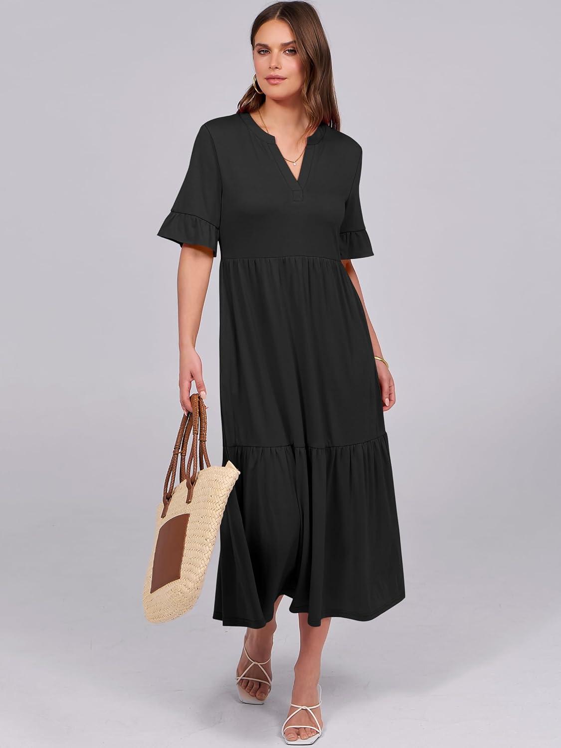imageANRABESS Womens Casual Summer Ruffle Short Sleeve T Shirts Maxi Dress 2025 Fall V Neck Flowy Tiered Boho Beach DressesBlack