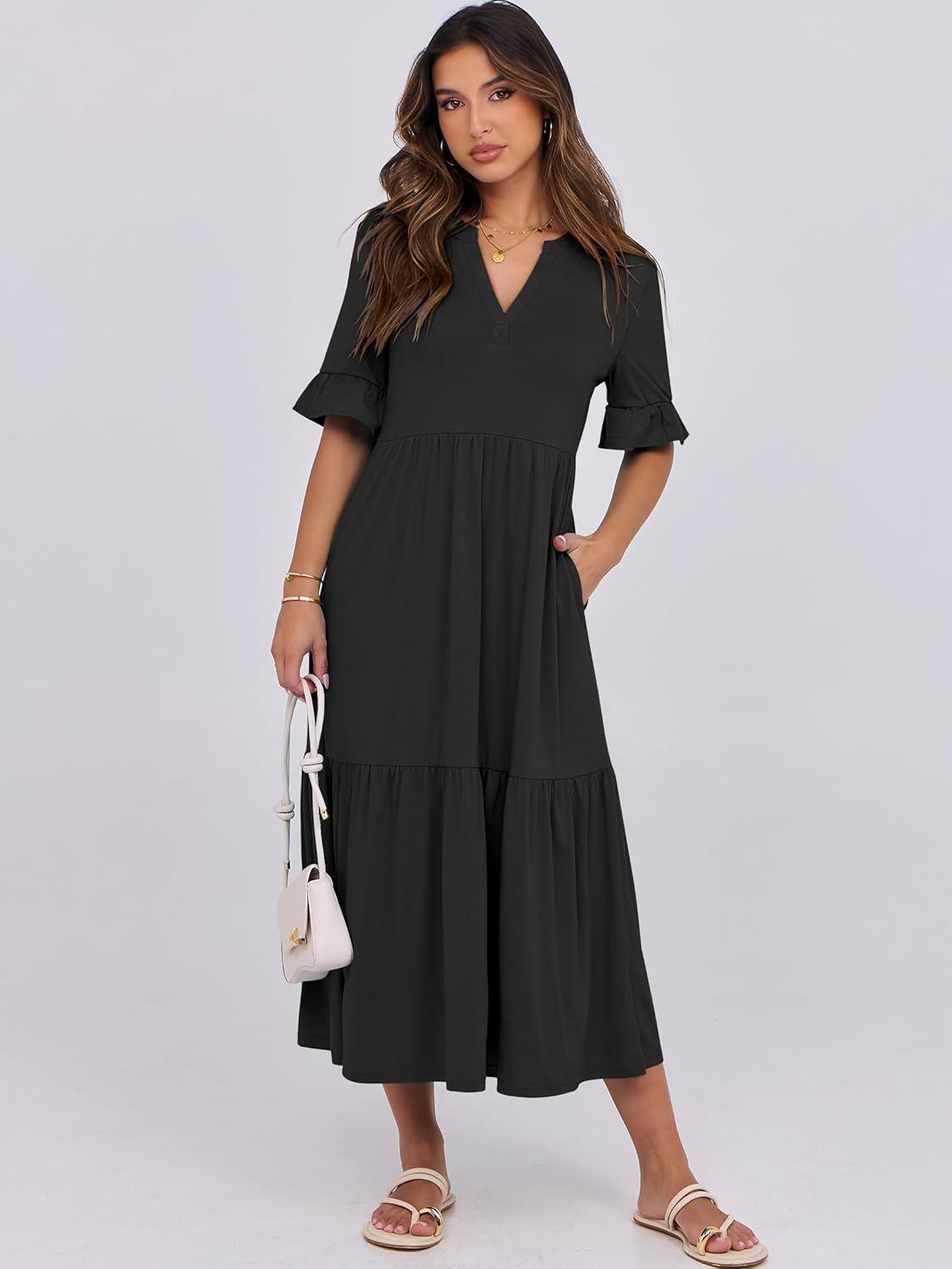 imageANRABESS Womens Casual Summer Ruffle Short Sleeve T Shirts Maxi Dress 2025 Fall V Neck Flowy Tiered Boho Beach DressesBlack