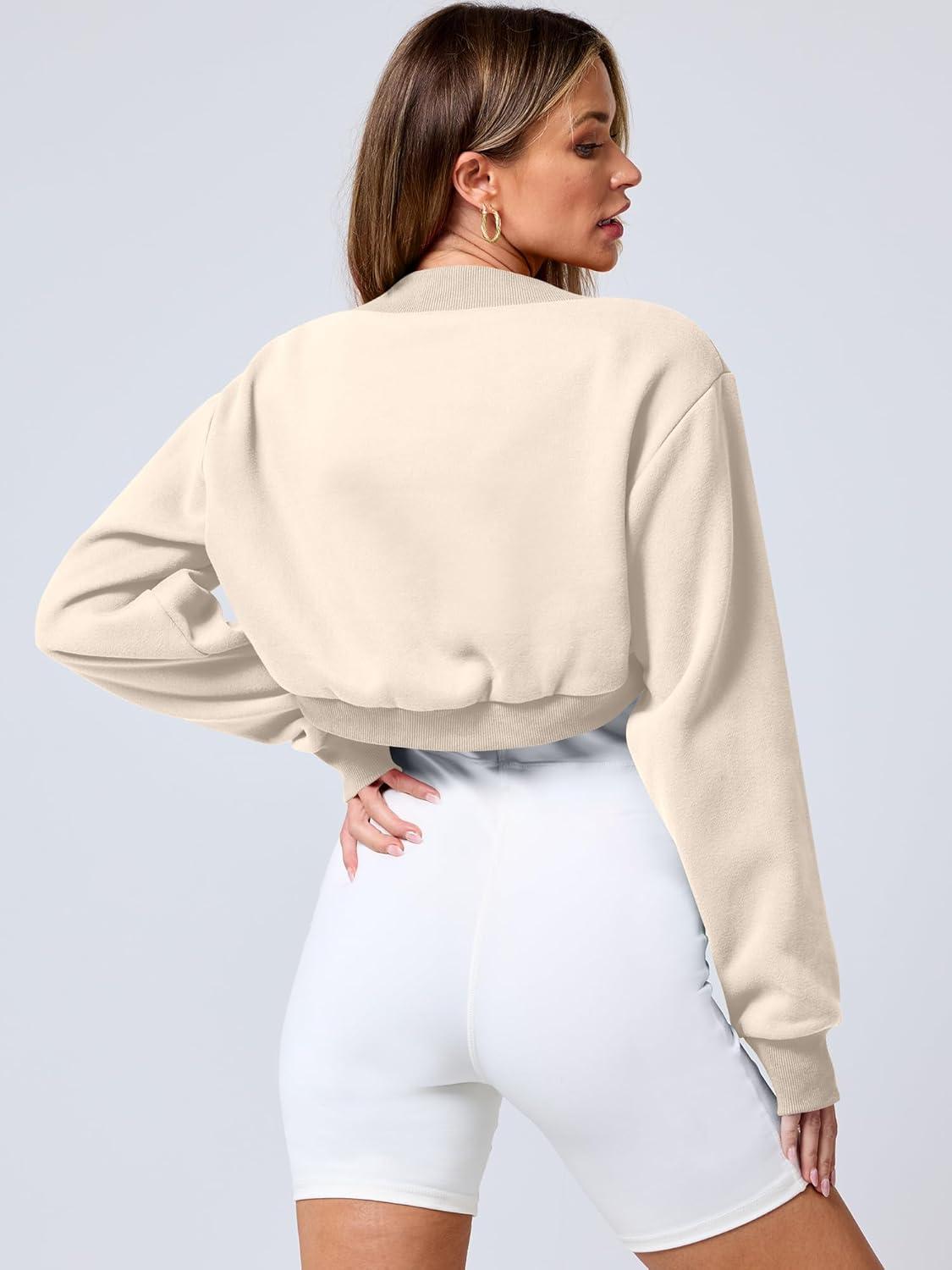 imageANRABESS Womens Cropped Sweatshirt Long Sleeve Bolero Cardigan Open Front Shrug Workout Thumb Hole Y2K Tops Preppy ClothesApricot