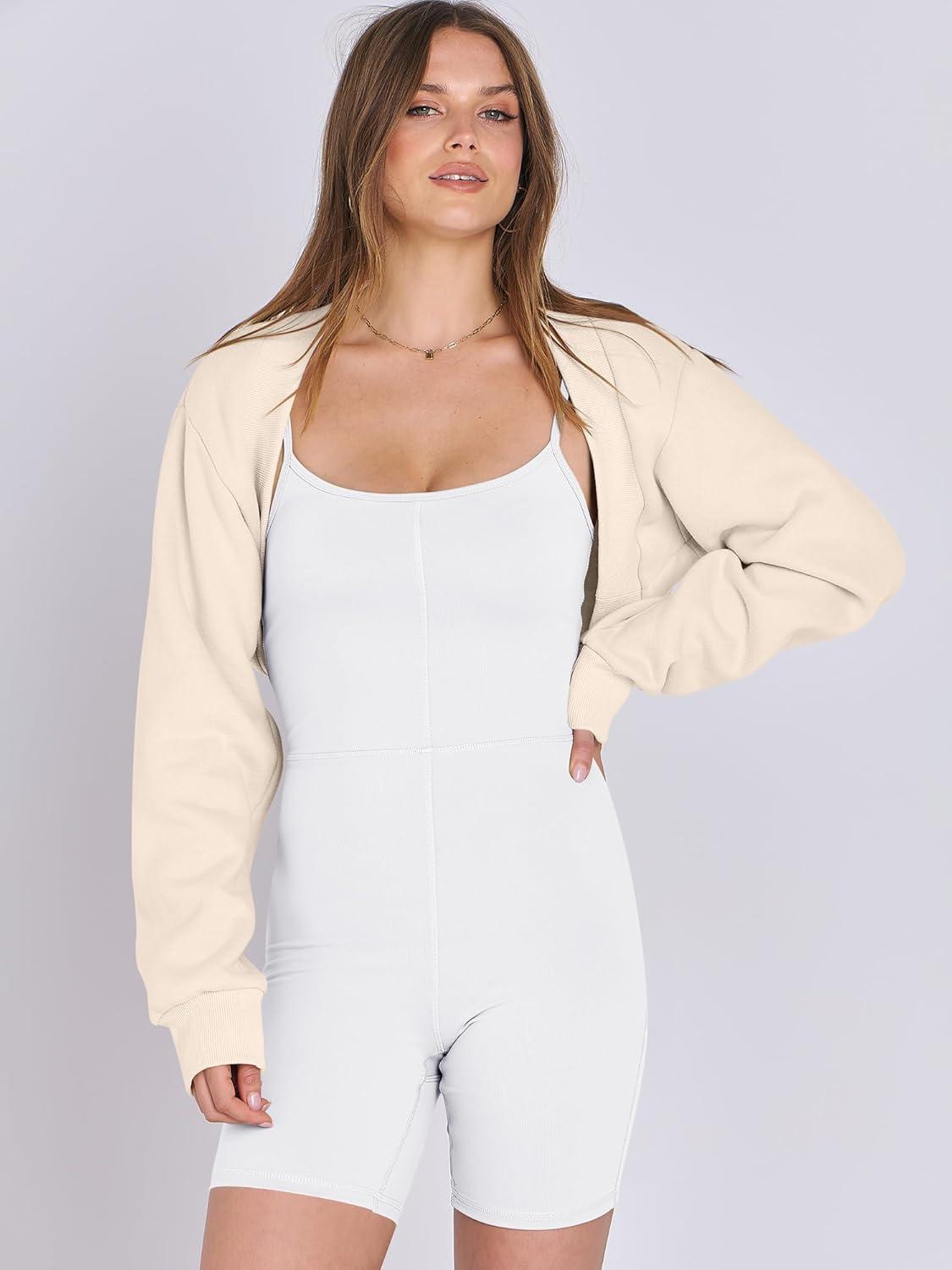 imageANRABESS Womens Cropped Sweatshirt Long Sleeve Bolero Cardigan Open Front Shrug Workout Thumb Hole Y2K Tops Preppy ClothesApricot