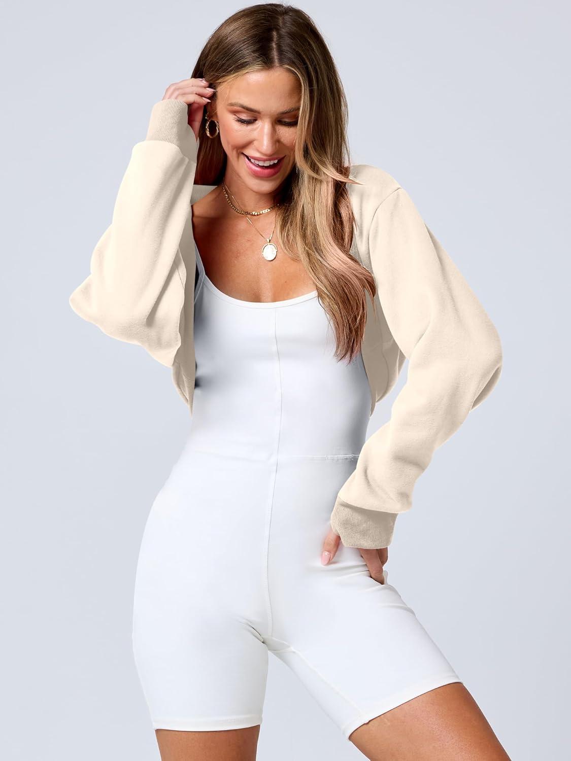 imageANRABESS Womens Cropped Sweatshirt Long Sleeve Bolero Cardigan Open Front Shrug Workout Thumb Hole Y2K Tops Preppy ClothesApricot