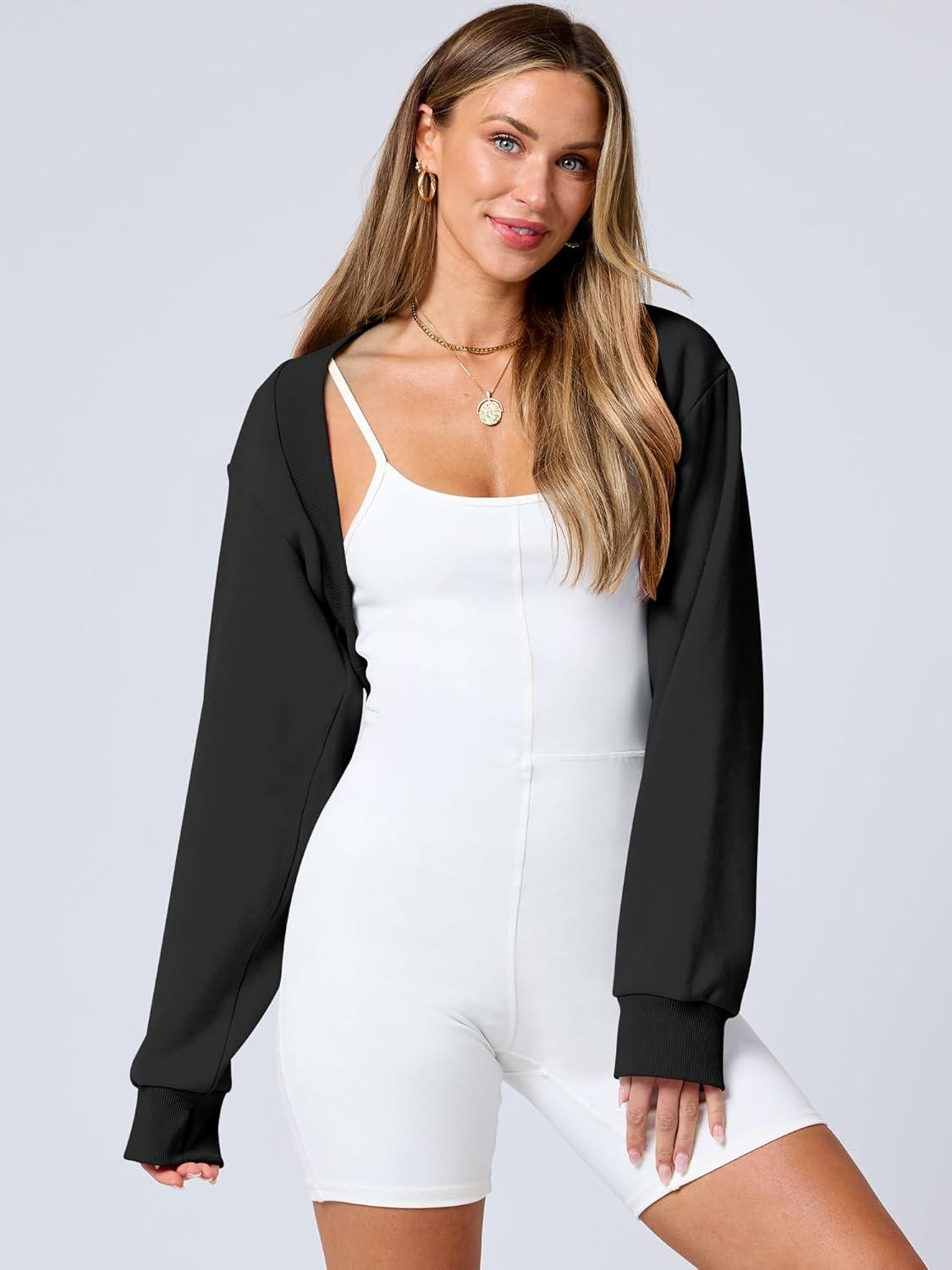 imageANRABESS Womens Cropped Sweatshirt Long Sleeve Bolero Cardigan Open Front Shrug Workout Thumb Hole Y2K Tops Preppy ClothesBlack