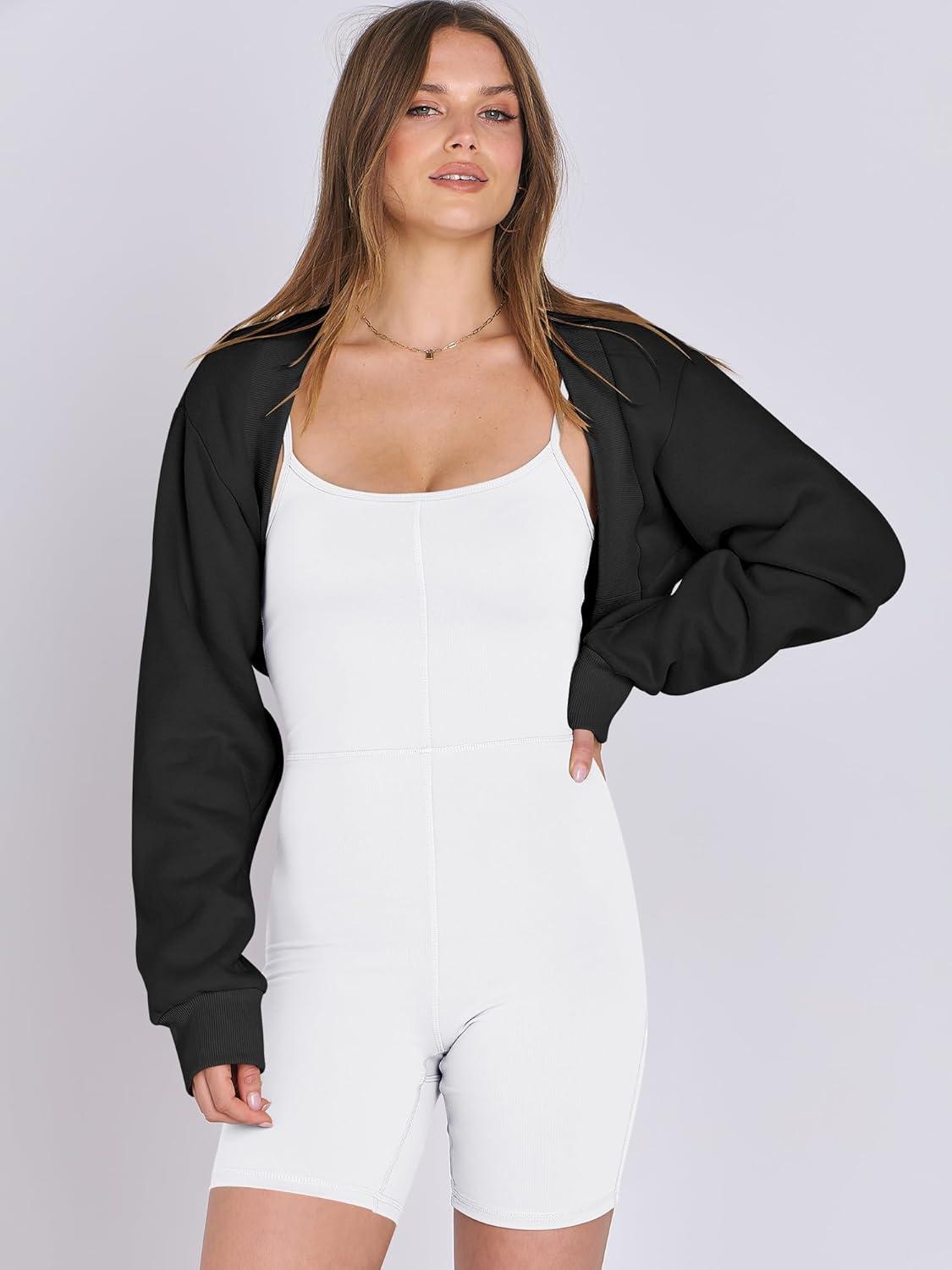 imageANRABESS Womens Cropped Sweatshirt Long Sleeve Bolero Cardigan Open Front Shrug Workout Thumb Hole Y2K Tops Preppy ClothesBlack