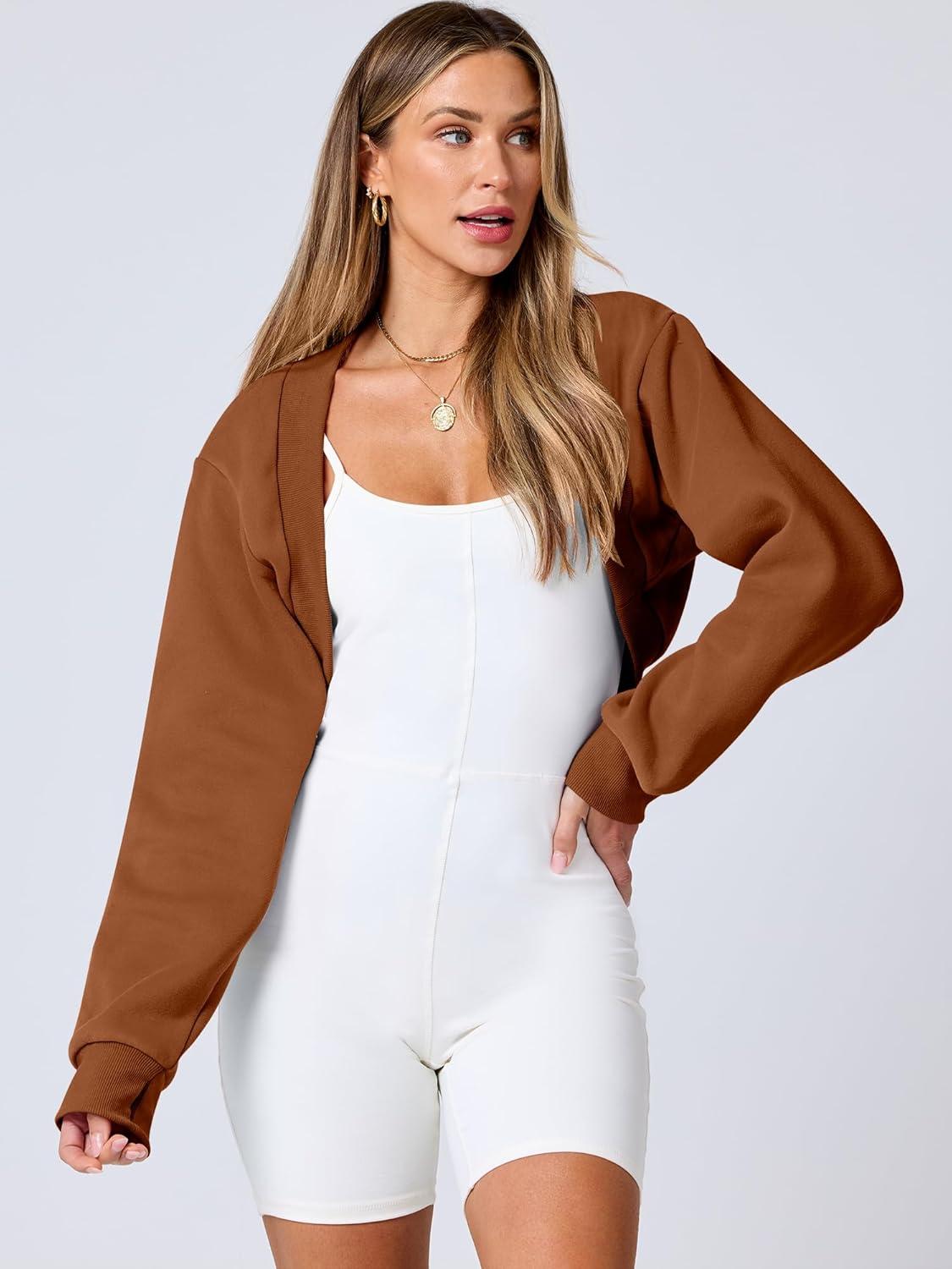 imageANRABESS Womens Cropped Sweatshirt Long Sleeve Bolero Cardigan Open Front Shrug Workout Thumb Hole Y2K Tops Preppy ClothesCaramel