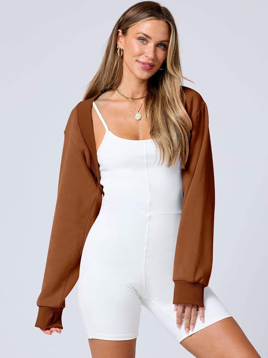 imageANRABESS Womens Cropped Sweatshirt Long Sleeve Bolero Cardigan Open Front Shrug Workout Thumb Hole Y2K Tops Preppy ClothesCaramel