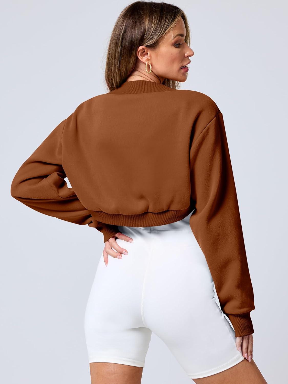 imageANRABESS Womens Cropped Sweatshirt Long Sleeve Bolero Cardigan Open Front Shrug Workout Thumb Hole Y2K Tops Preppy ClothesCaramel