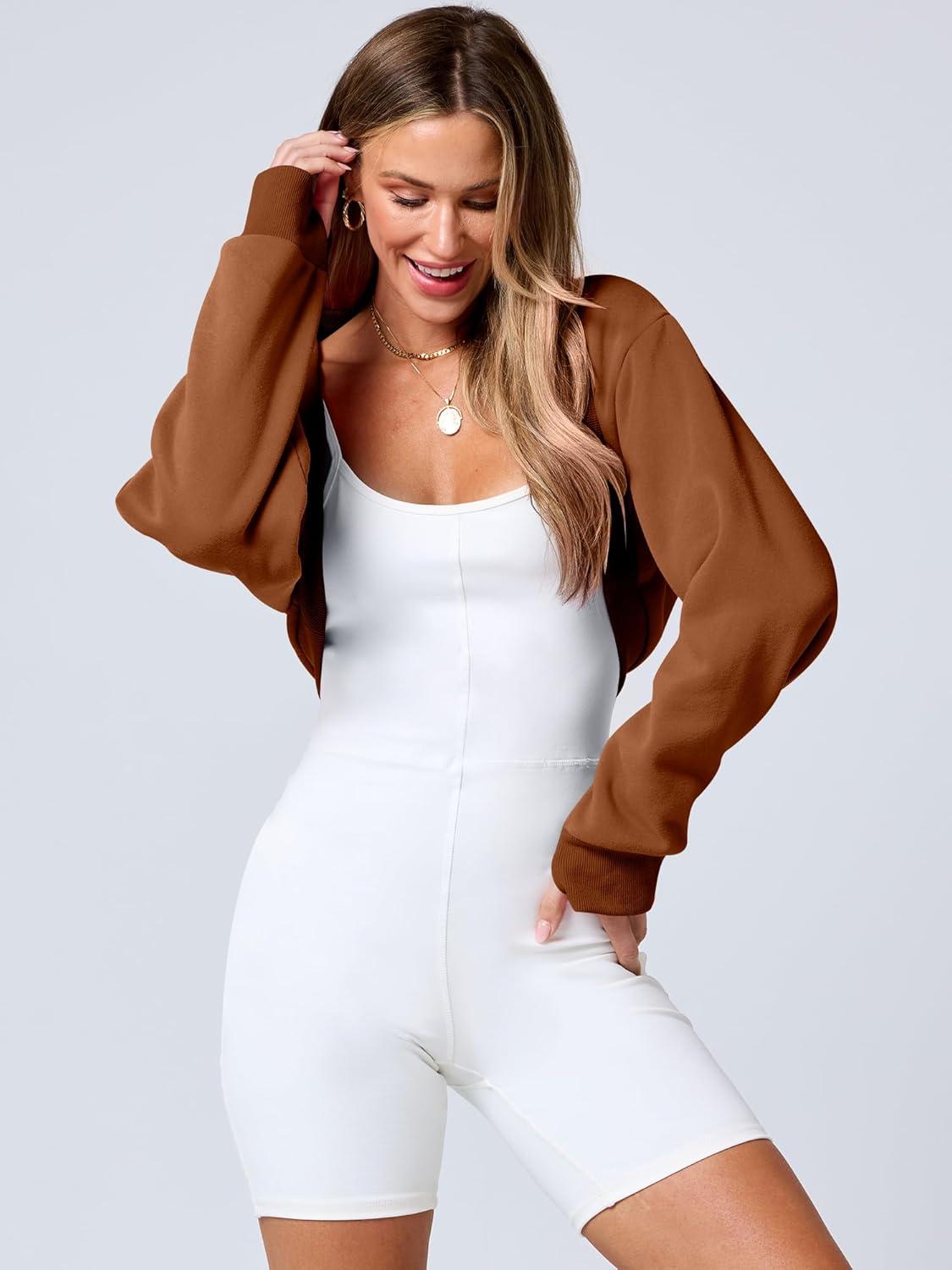 imageANRABESS Womens Cropped Sweatshirt Long Sleeve Bolero Cardigan Open Front Shrug Workout Thumb Hole Y2K Tops Preppy ClothesCaramel