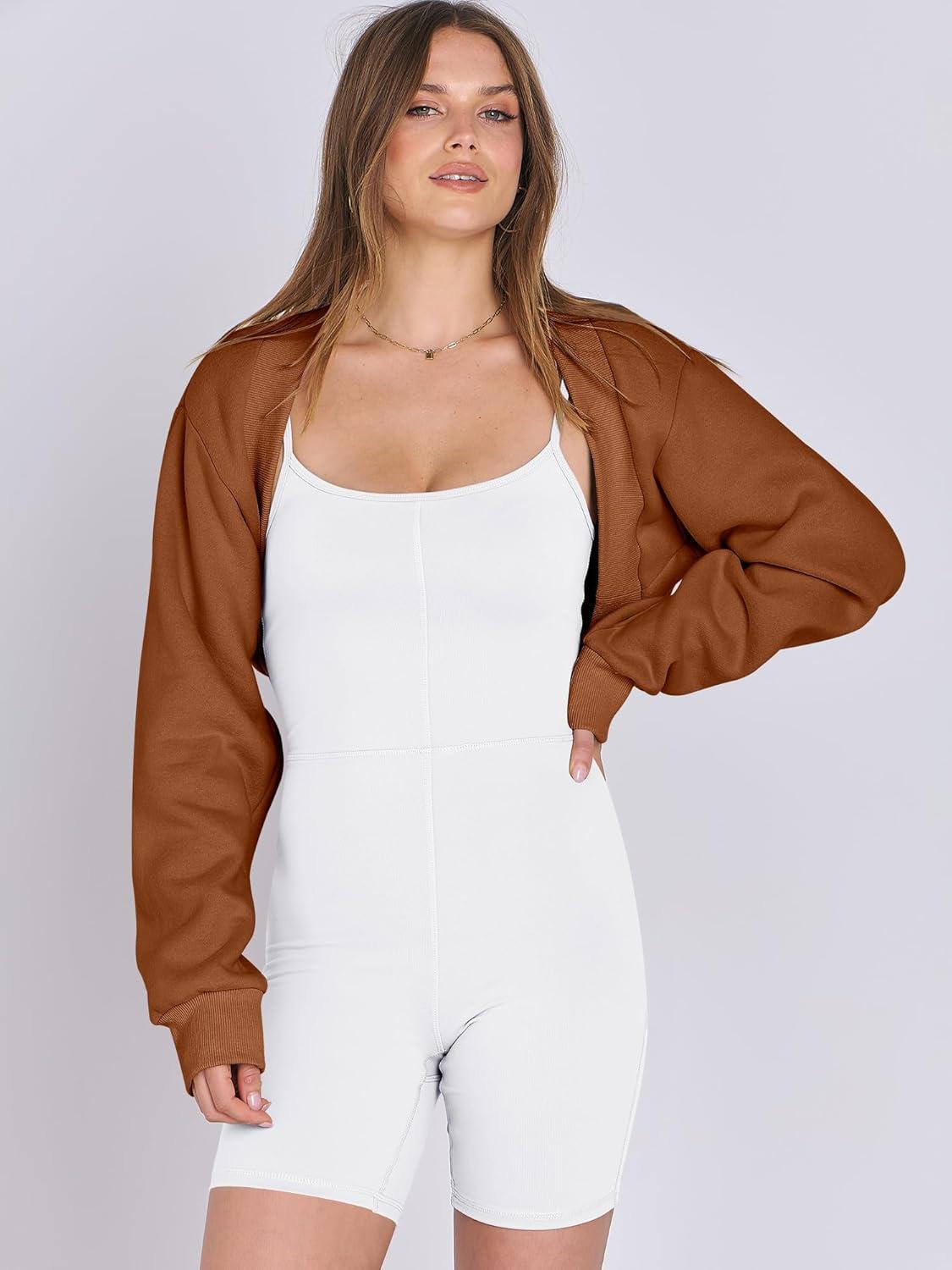 imageANRABESS Womens Cropped Sweatshirt Long Sleeve Bolero Cardigan Open Front Shrug Workout Thumb Hole Y2K Tops Preppy ClothesCaramel