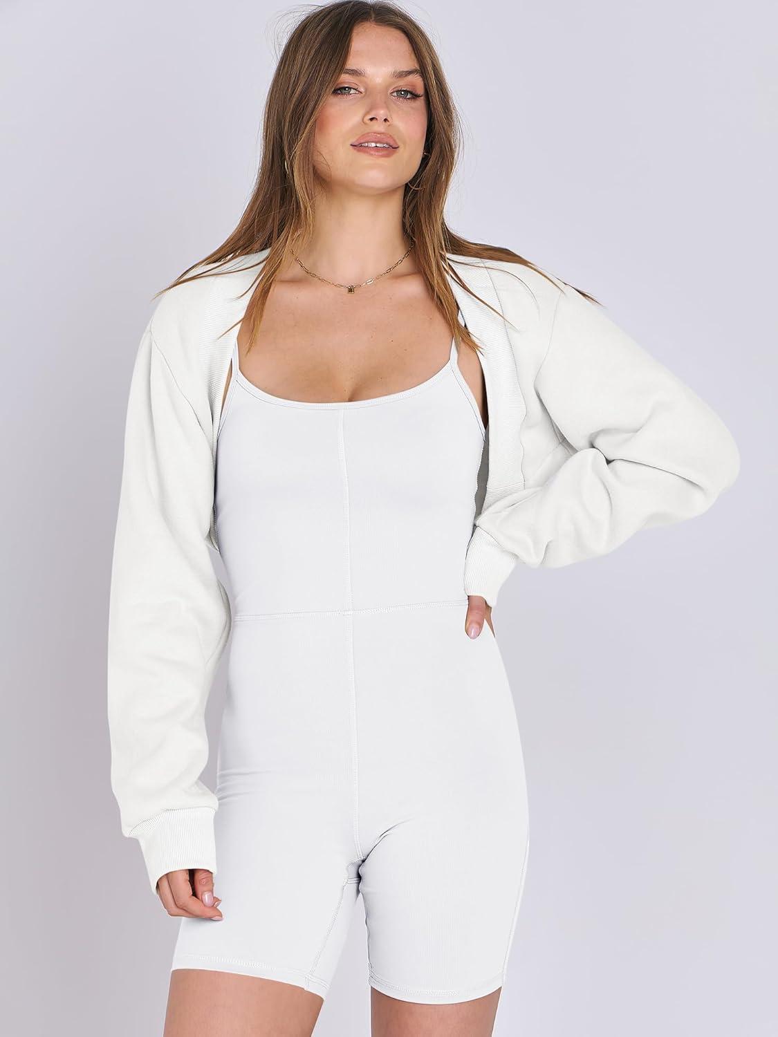 imageANRABESS Womens Cropped Sweatshirt Long Sleeve Bolero Cardigan Open Front Shrug Workout Thumb Hole Y2K Tops Preppy ClothesCream White