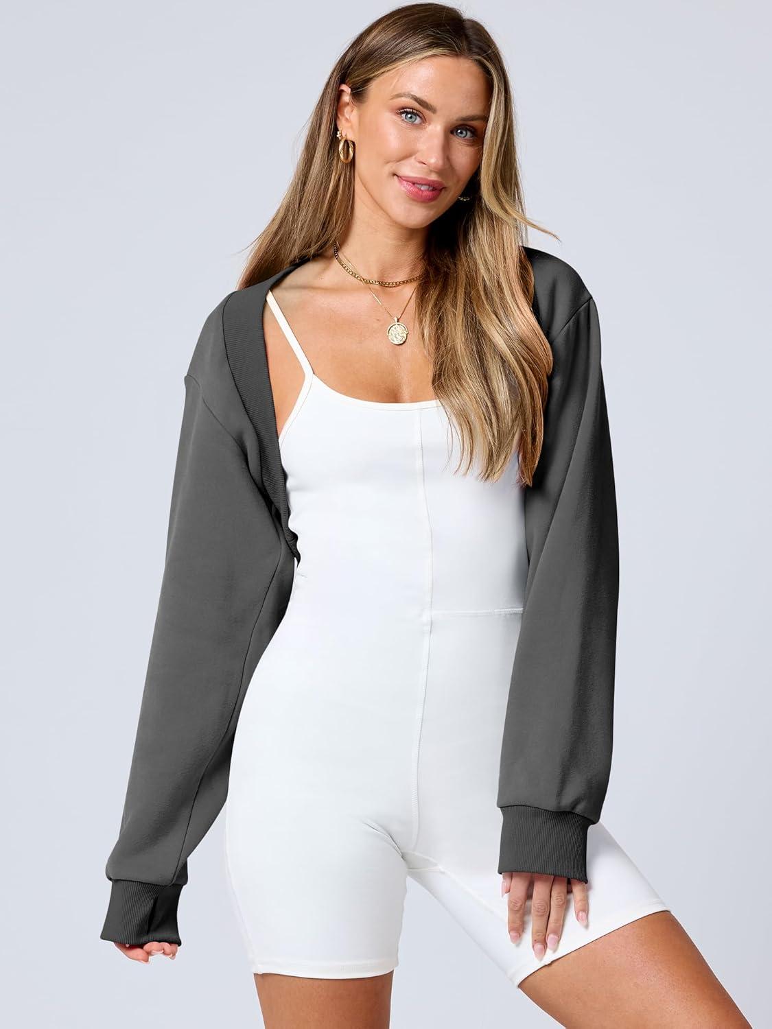 imageANRABESS Womens Cropped Sweatshirt Long Sleeve Bolero Cardigan Open Front Shrug Workout Thumb Hole Y2K Tops Preppy ClothesDark Grey