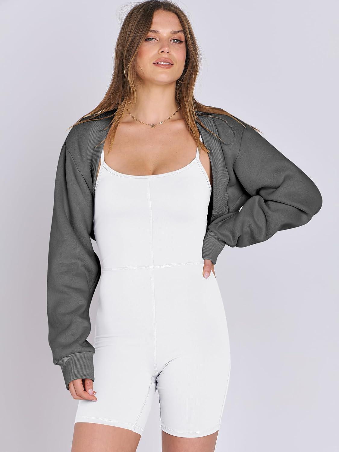 imageANRABESS Womens Cropped Sweatshirt Long Sleeve Bolero Cardigan Open Front Shrug Workout Thumb Hole Y2K Tops Preppy ClothesDark Grey