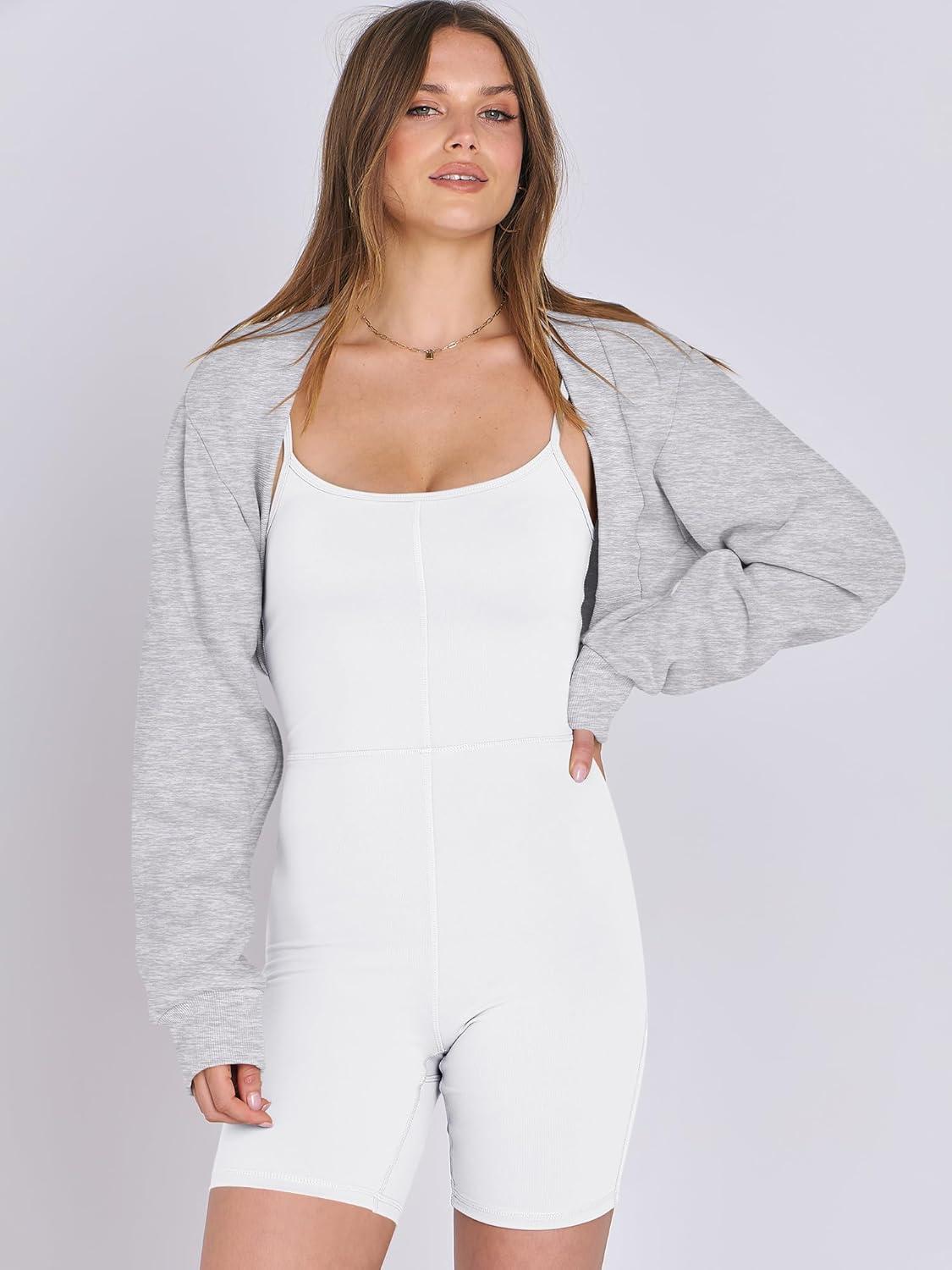 imageANRABESS Womens Cropped Sweatshirt Long Sleeve Bolero Cardigan Open Front Shrug Workout Thumb Hole Y2K Tops Preppy ClothesGrey