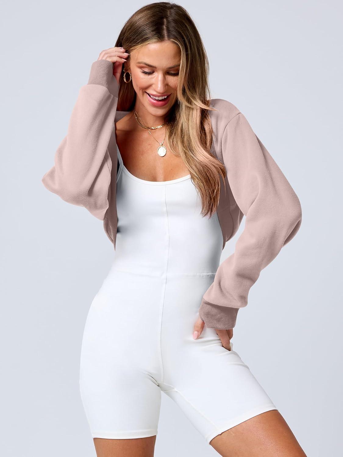 imageANRABESS Womens Cropped Sweatshirt Long Sleeve Bolero Cardigan Open Front Shrug Workout Thumb Hole Y2K Tops Preppy ClothesLight Khaki