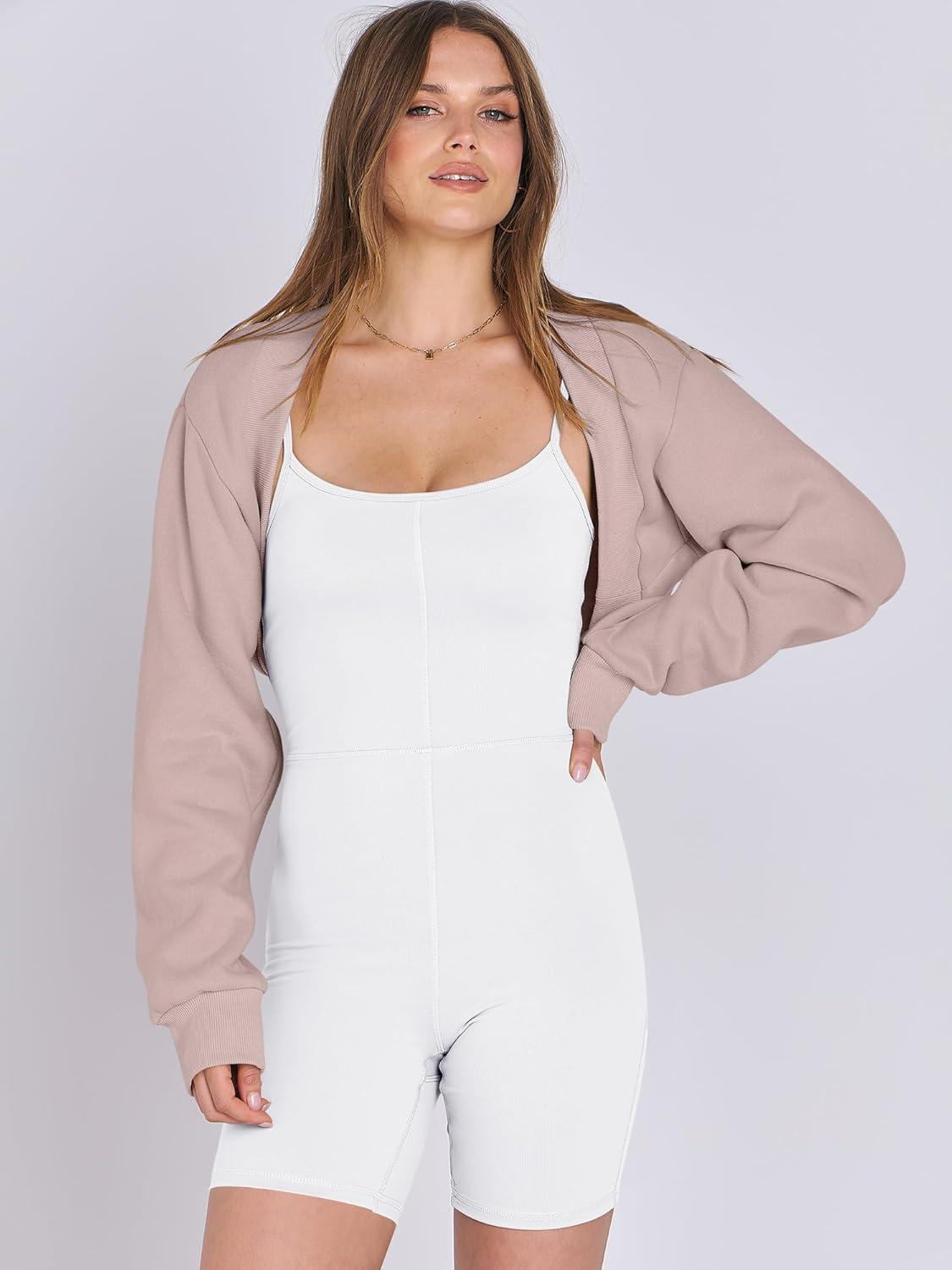 imageANRABESS Womens Cropped Sweatshirt Long Sleeve Bolero Cardigan Open Front Shrug Workout Thumb Hole Y2K Tops Preppy ClothesLight Khaki