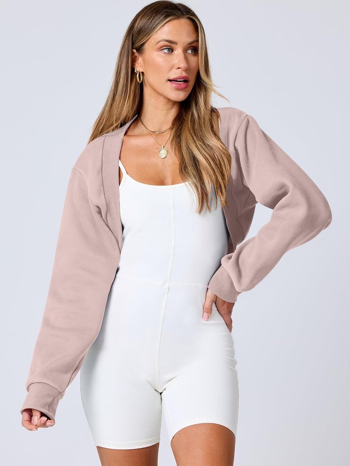 imageANRABESS Womens Cropped Sweatshirt Long Sleeve Bolero Cardigan Open Front Shrug Workout Thumb Hole Y2K Tops Preppy ClothesLight Khaki